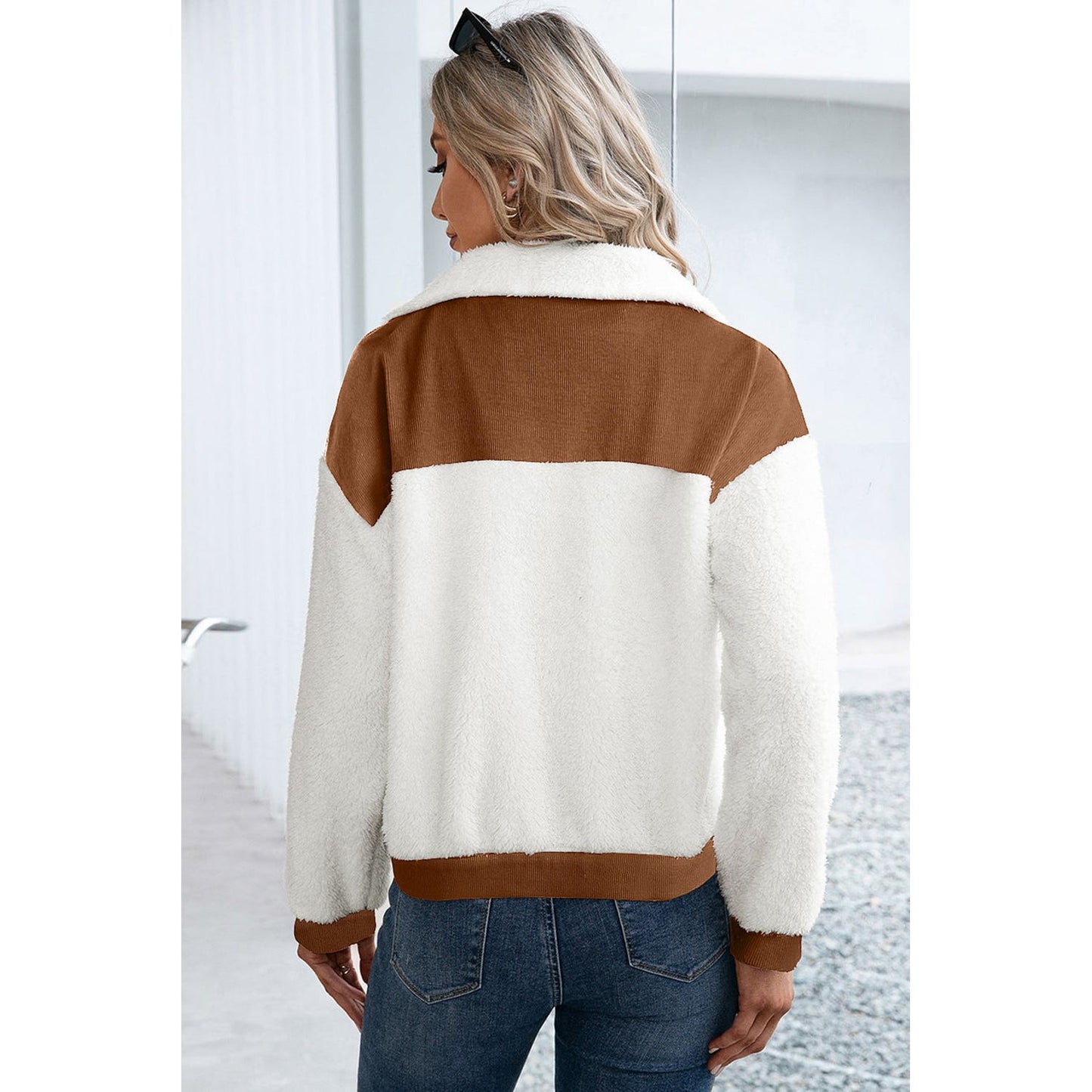 Corduroy Contrast Patchwork Fuzzy Jacket