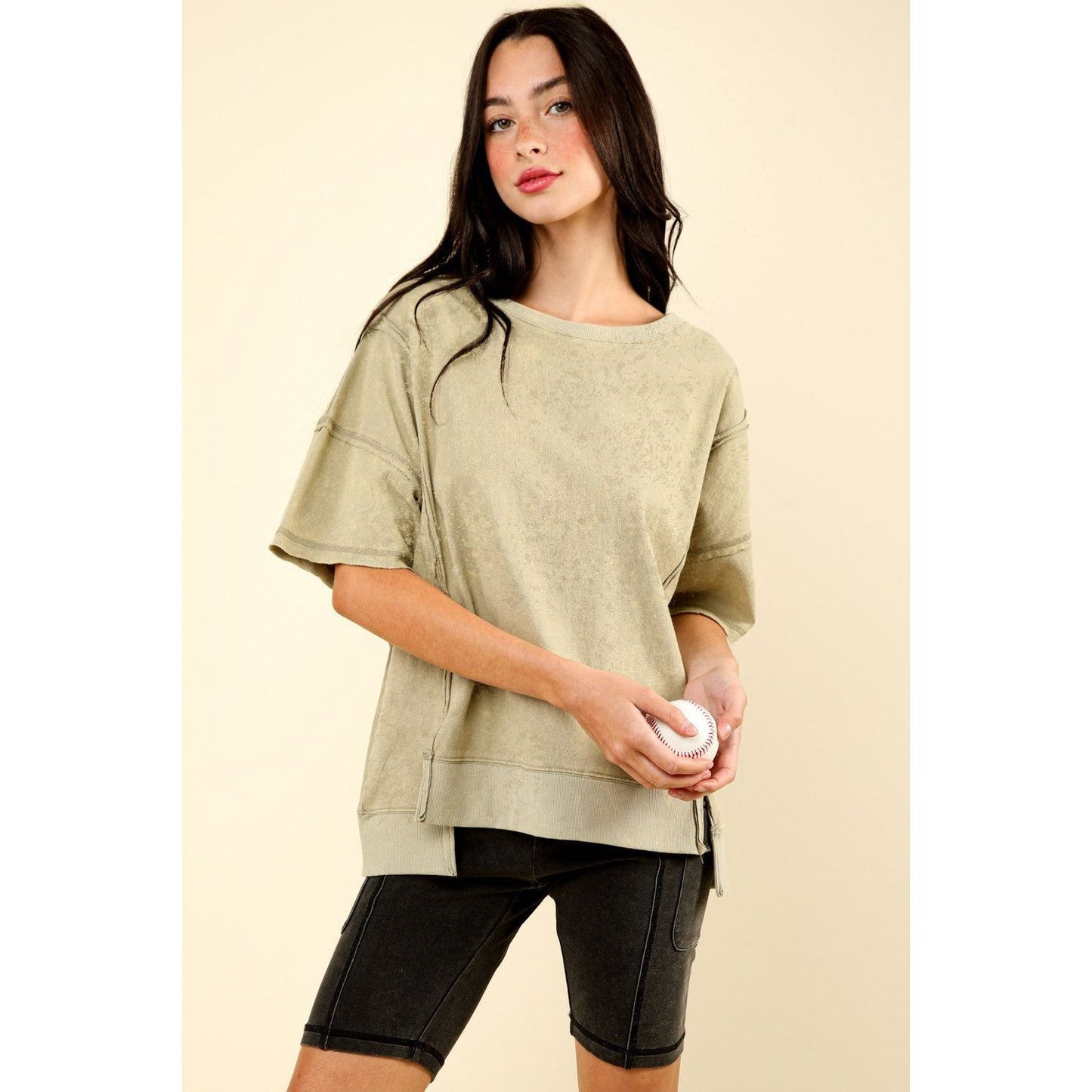 VERY J Round Neck Exposed Seam Slit T-Shirt