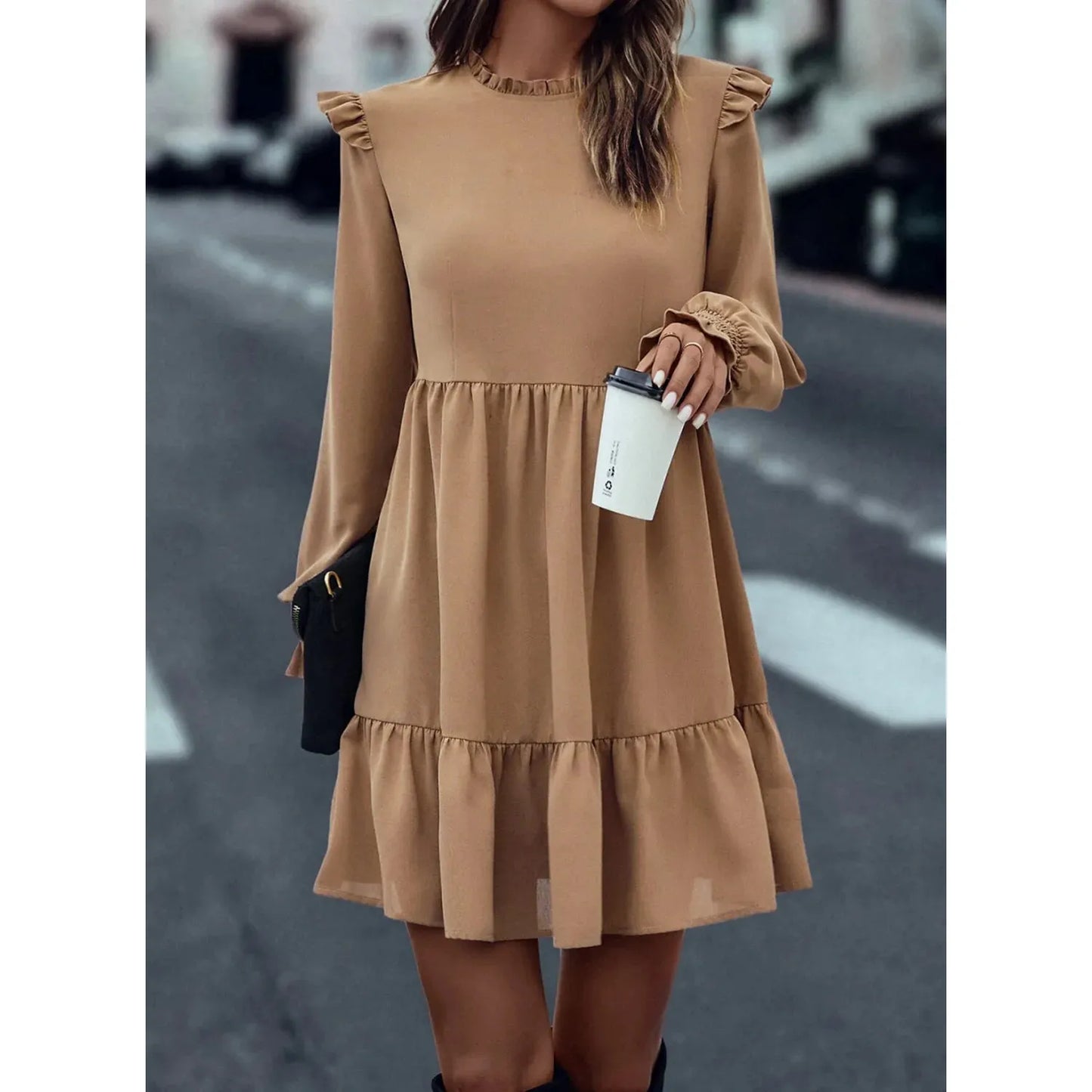 Frill Round Neck Flounce Sleeve Mini Dress