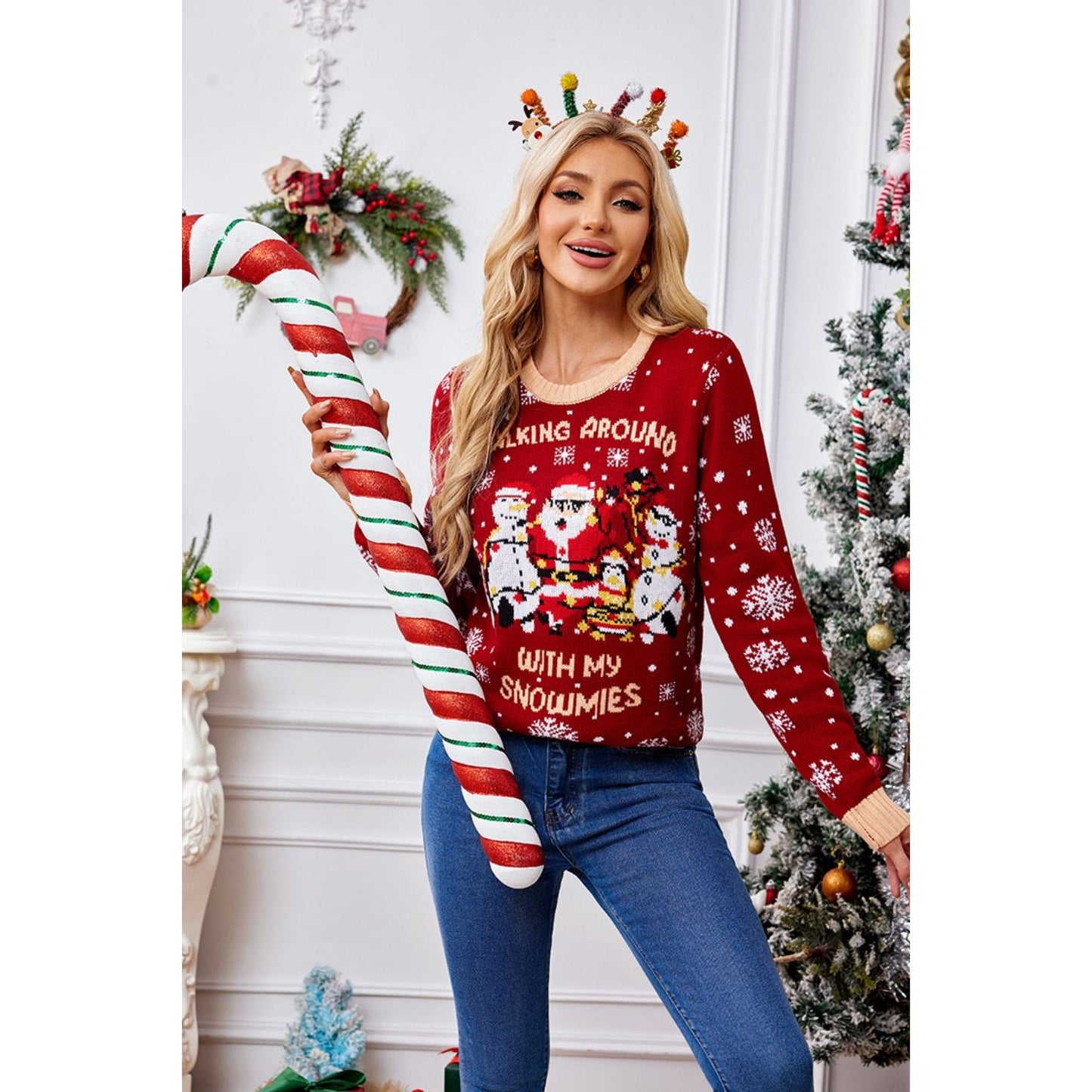 Christmas Pattern Round Neck Long Sleeve Sweater