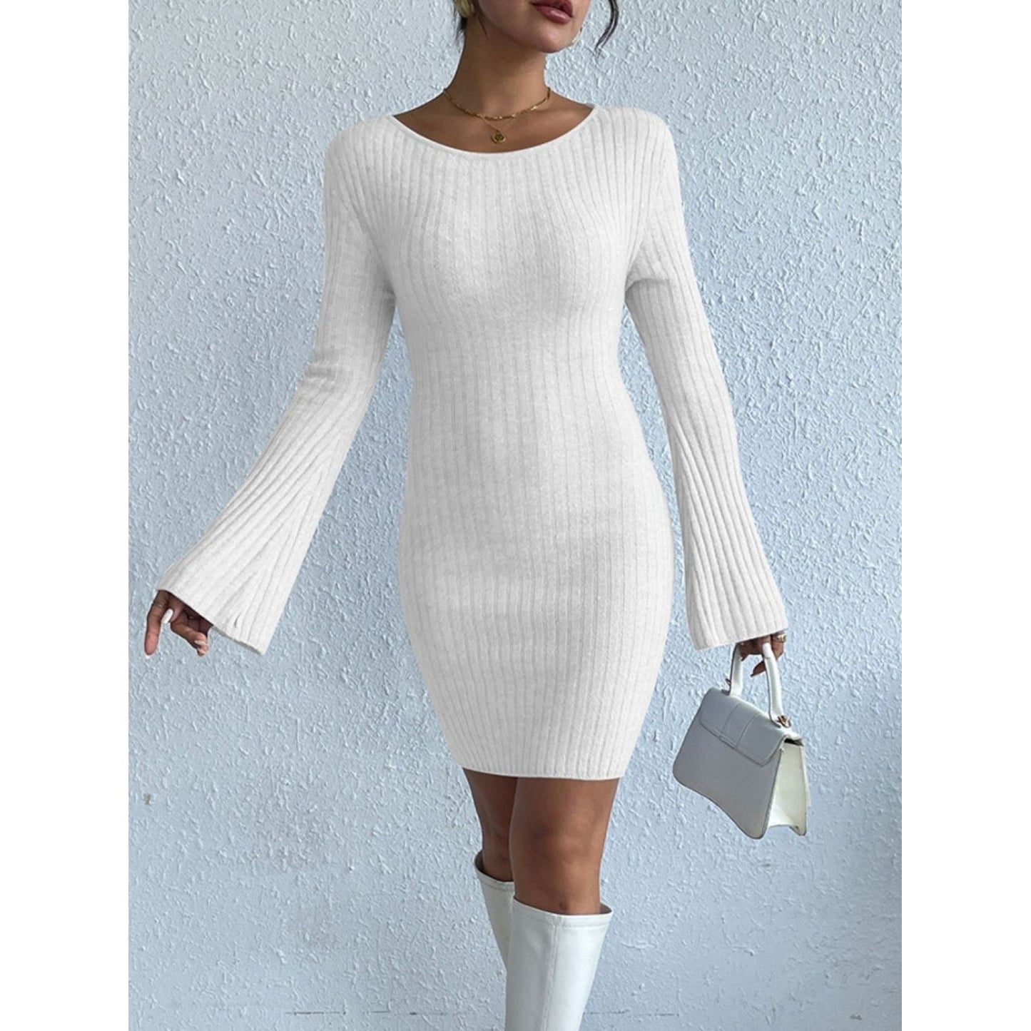 Backless Round Neck Long Sleeve Sweater Dress