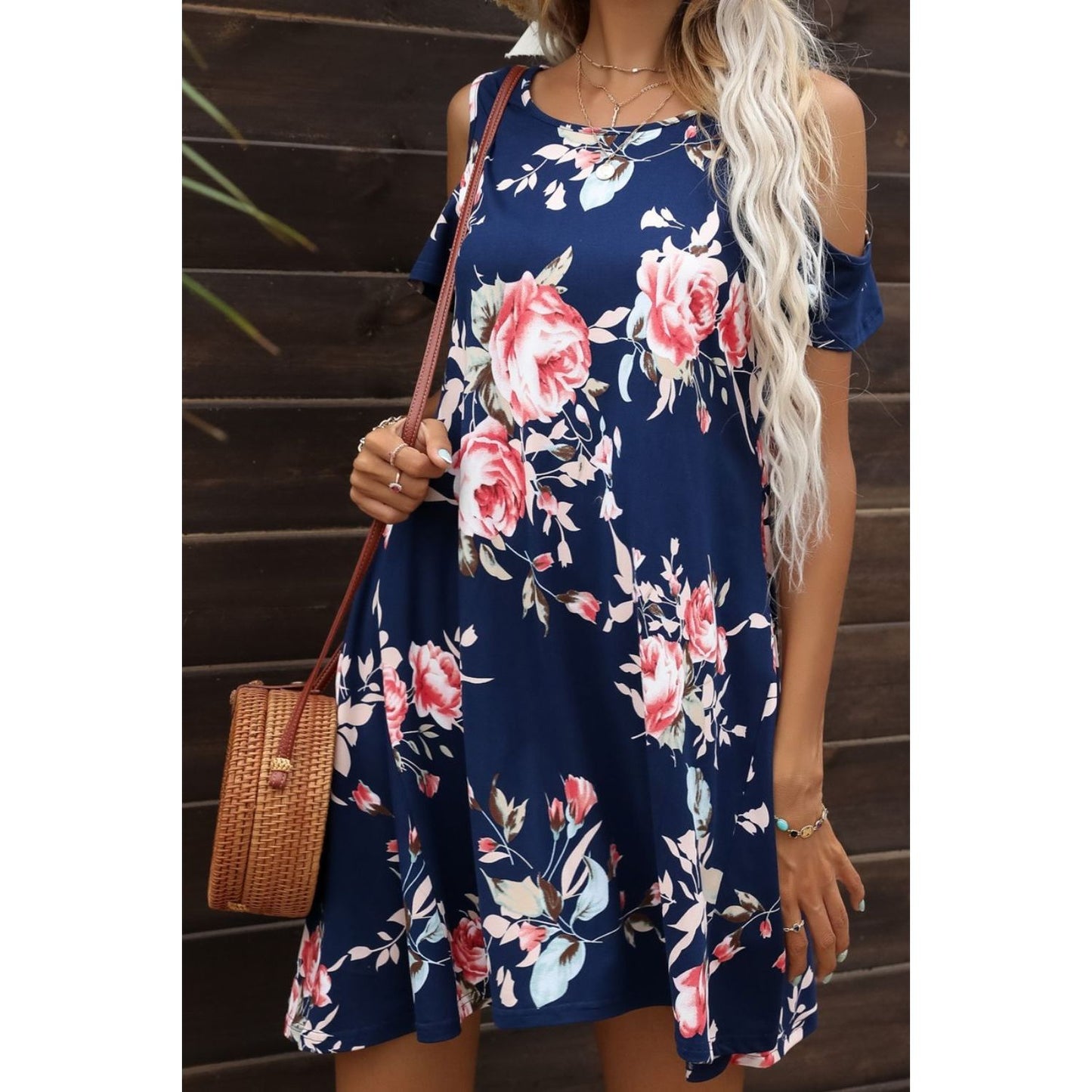 Floral Round Neck Cold-Shoulder Dress