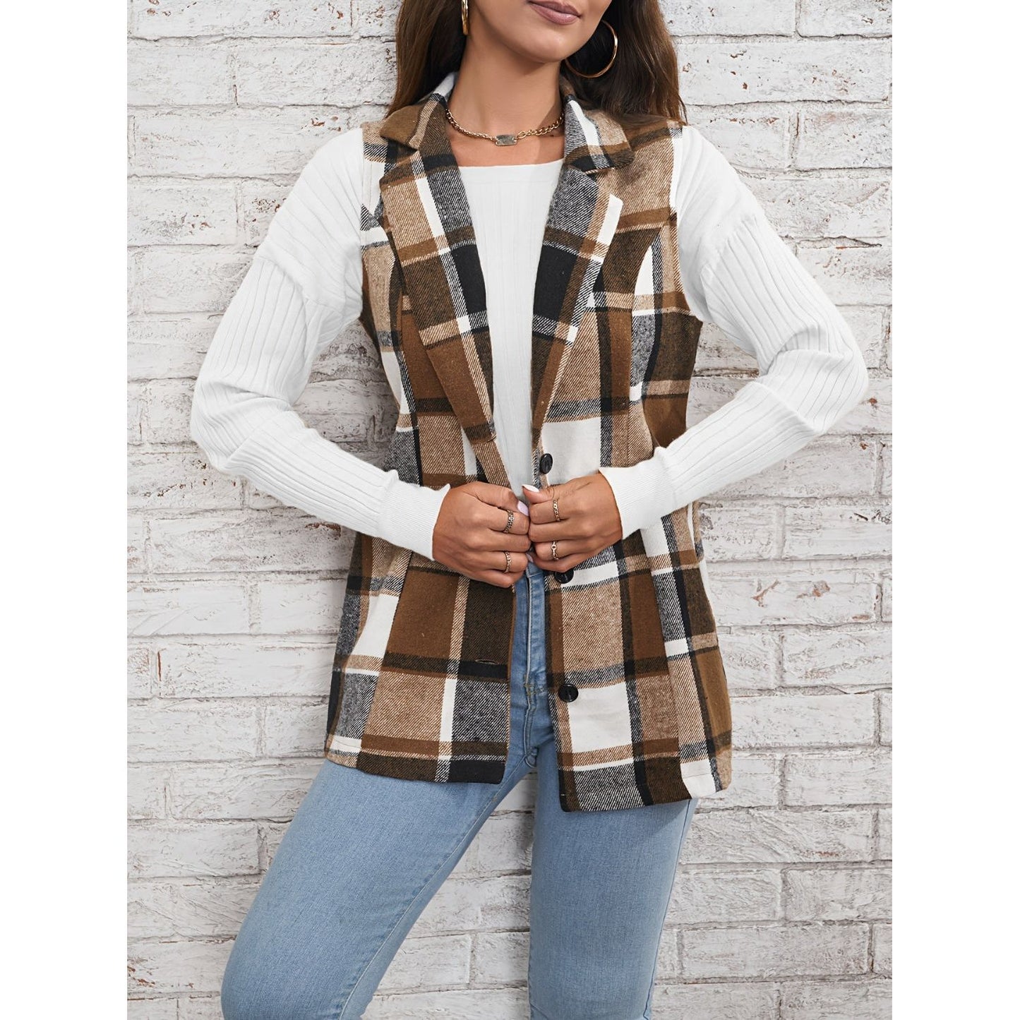 Plaid Button Down Vest Coat