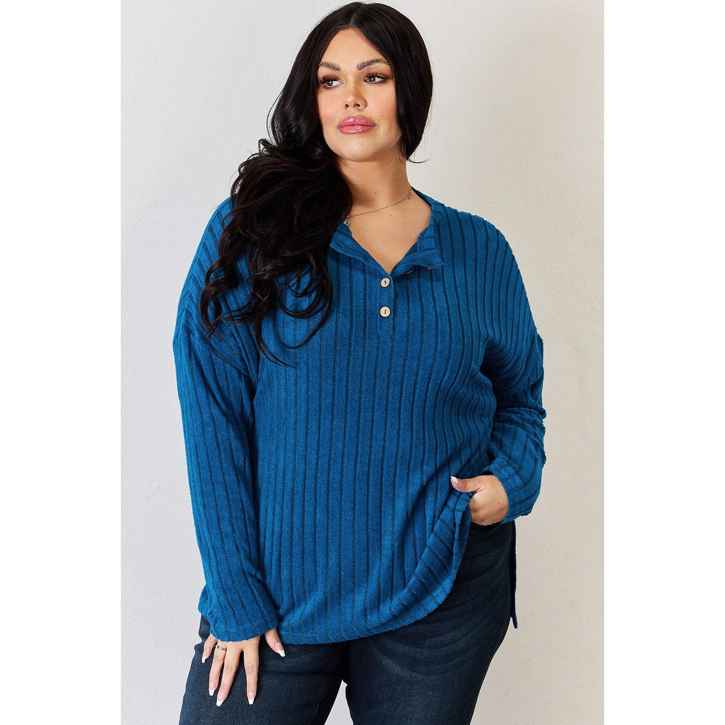 Basic Bae Full Size Ribbed Half Button Long Sleeve High-Low T-Shirt