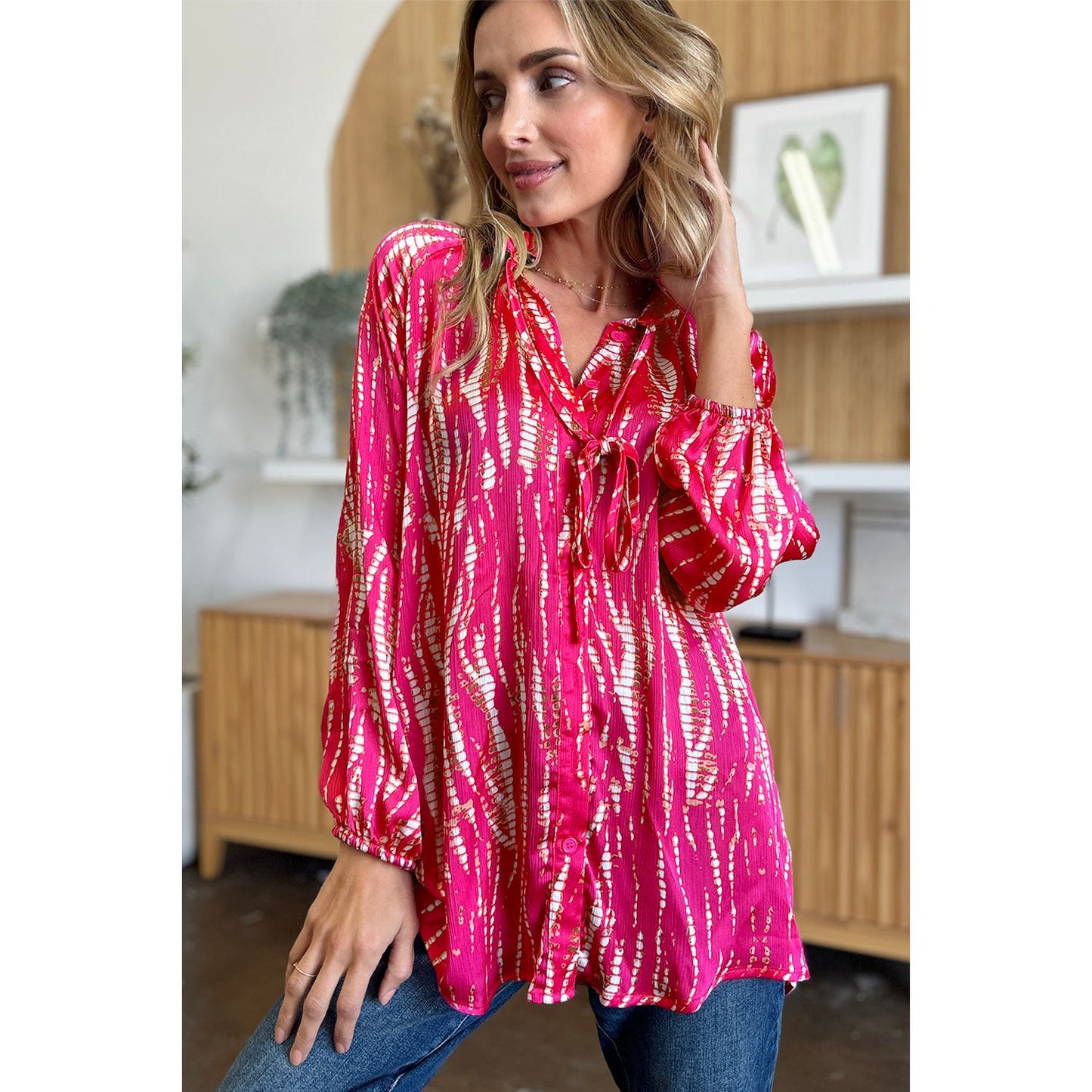 Double Take Full Size Printed Button Up Long Sleeve Shirt