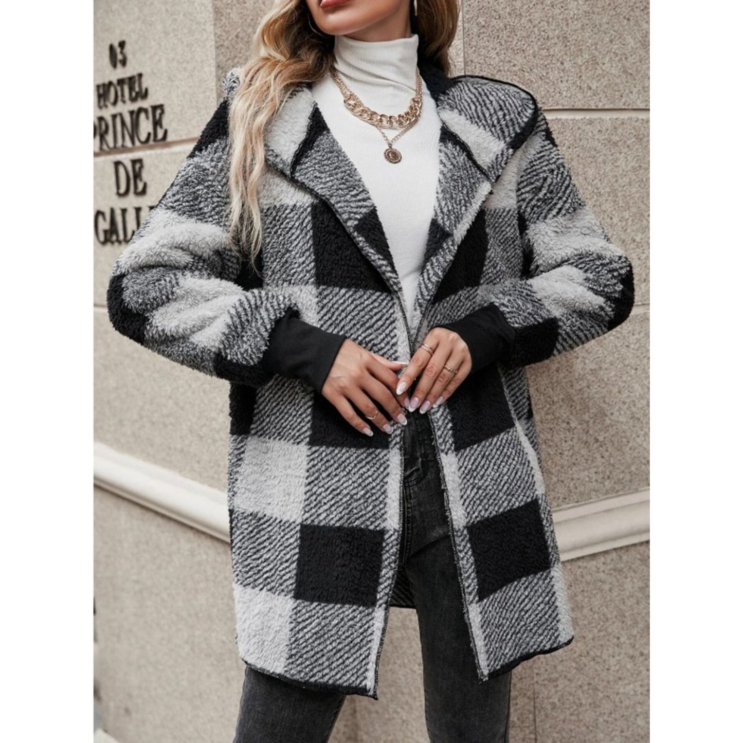 Plaid Long Sleeve Hooded Coat