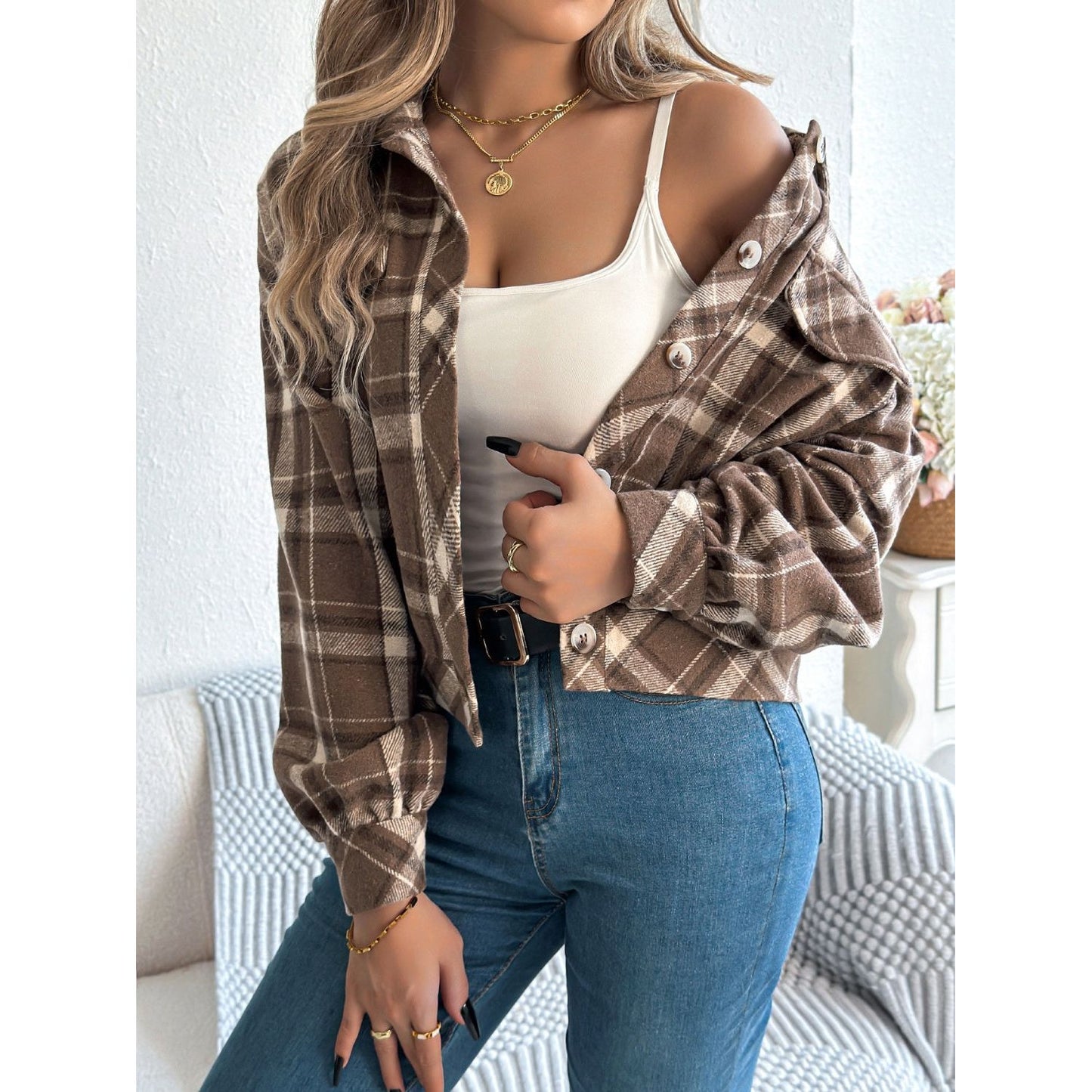 Plaid Button Up Long Sleeve Jacket