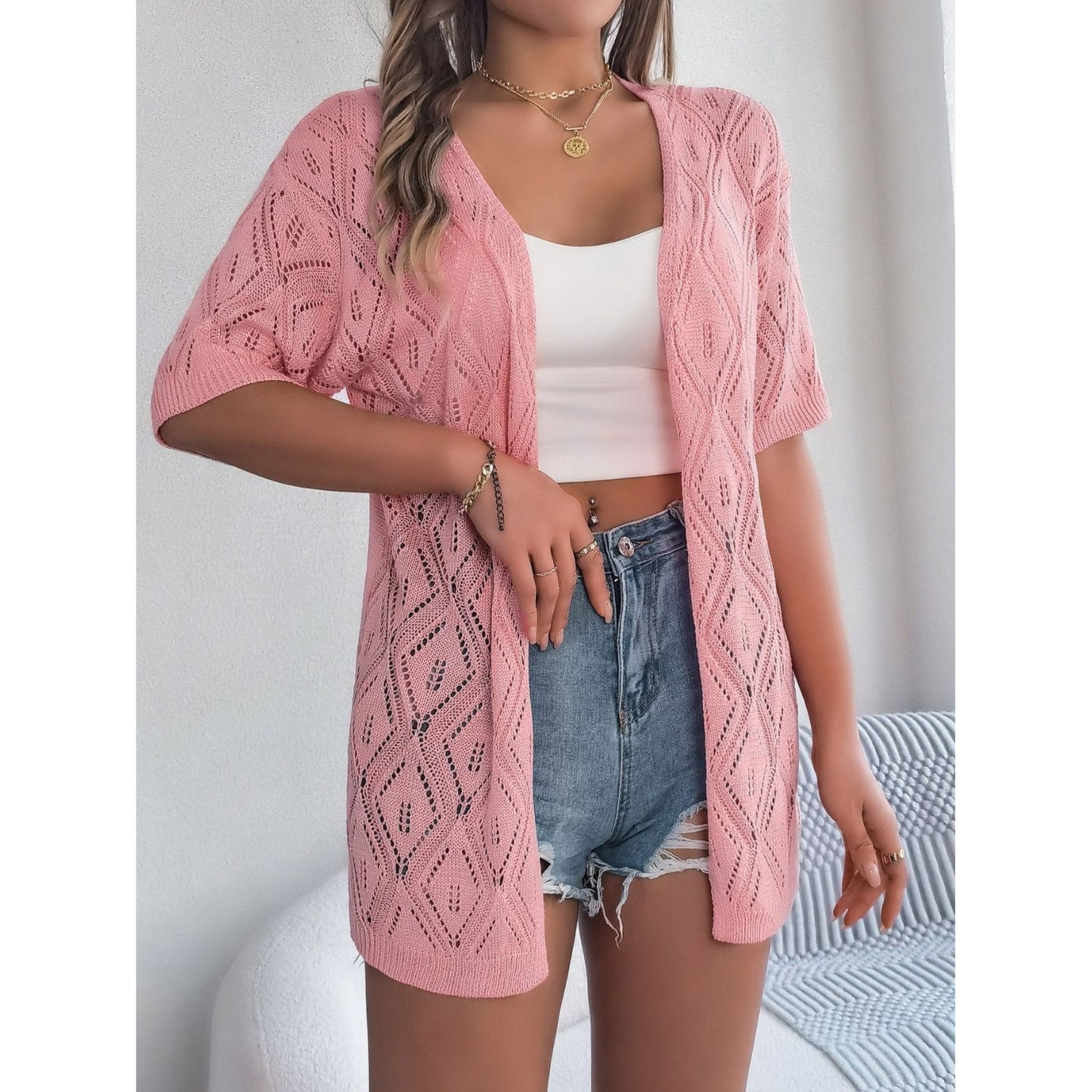 Openwork Open Front Half Sleeve Cardigan