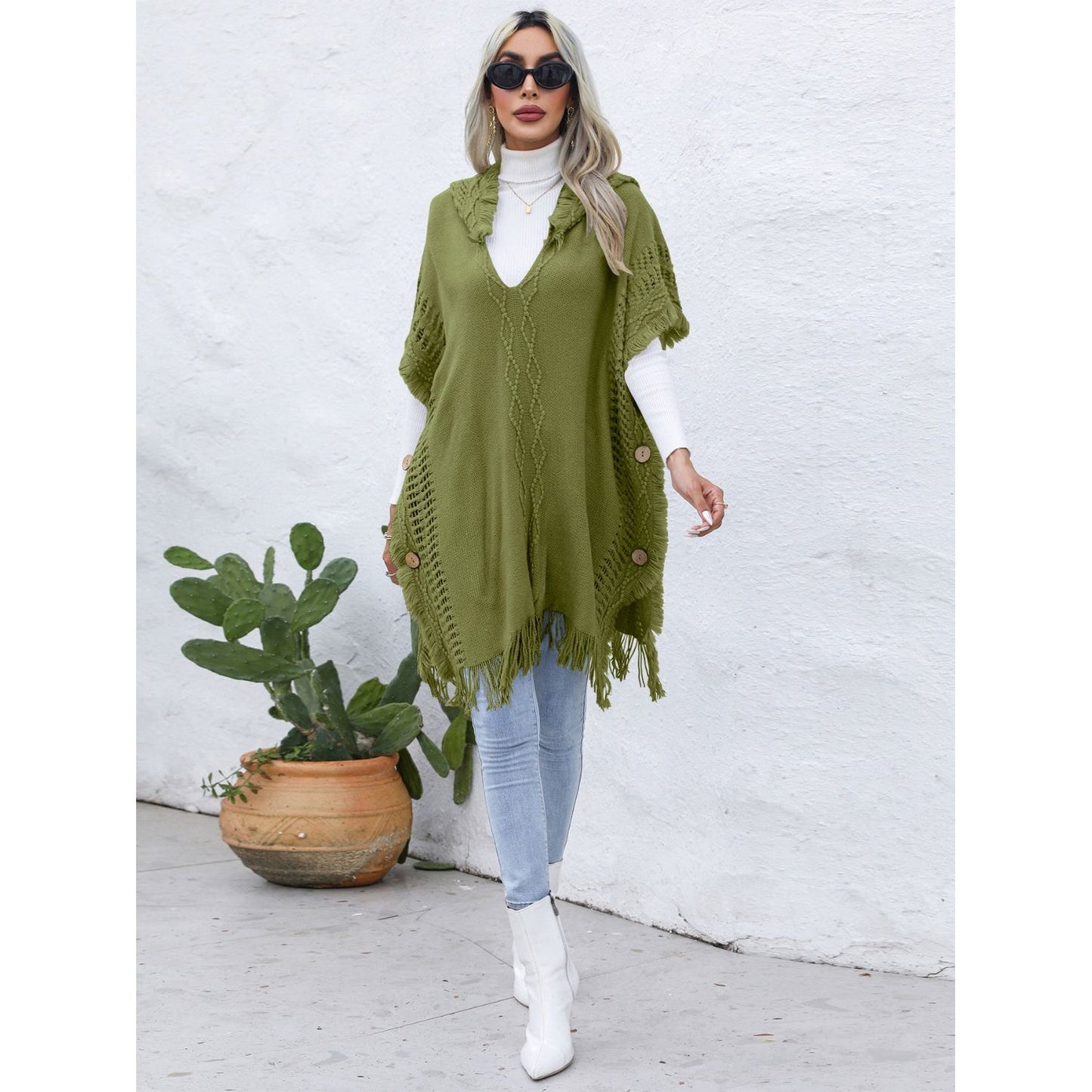 Fringe Trim Buttoned Hooded Poncho