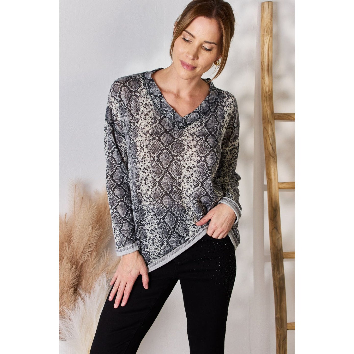 Hailey & Co Full Size Snakeskin V-Neck Long Sleeve Top