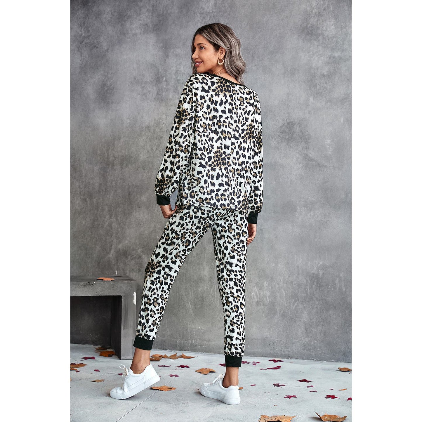 Leopard V-Neck Dropped Shoulder Loungewear Set