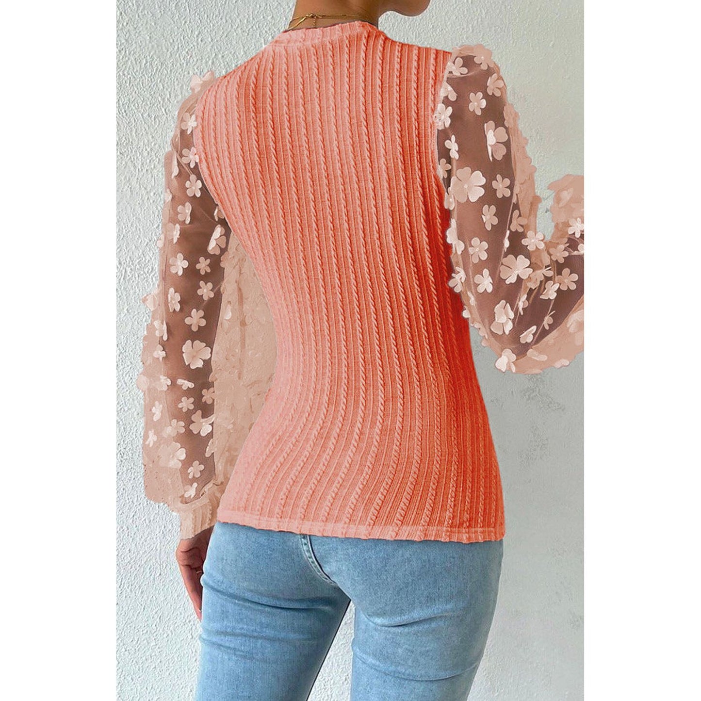 Double Take Textured Applique Long Sleeve Blouse