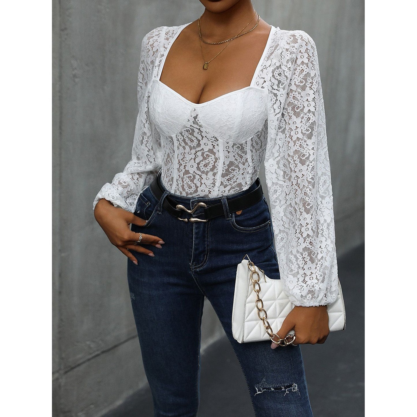 Perfee Backless Lace Long Sleeve Bodysuit