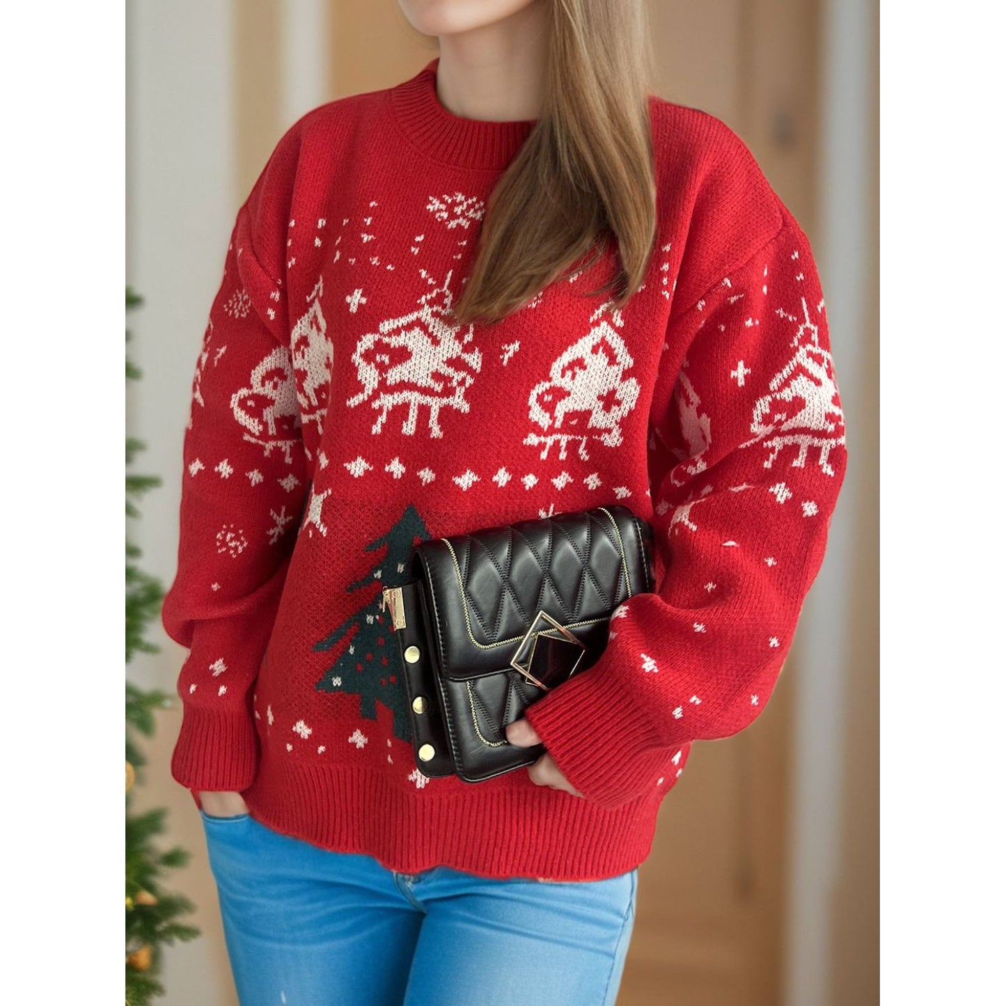 Christmas Element Round Neck Long Sleeve Sweater