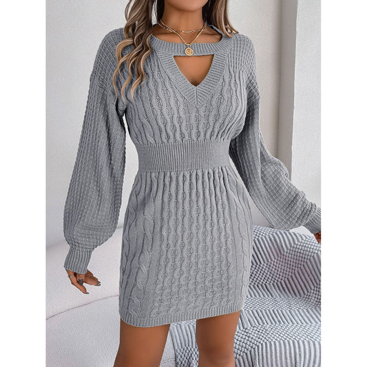 Cable-Knit Cutout Round Neck Slit Sweater Dress