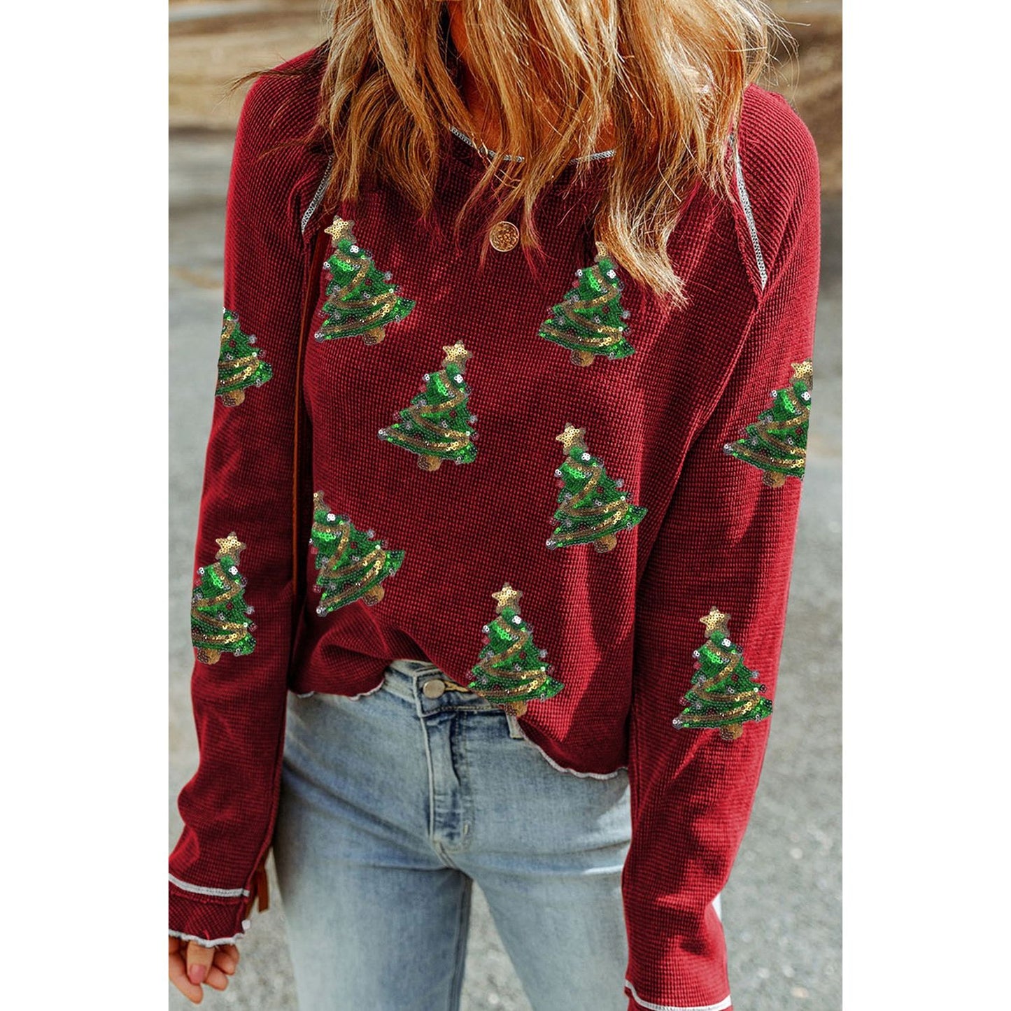 Christmas Tree Sequin Waffle Knit Long Sleeve Sweatshirt