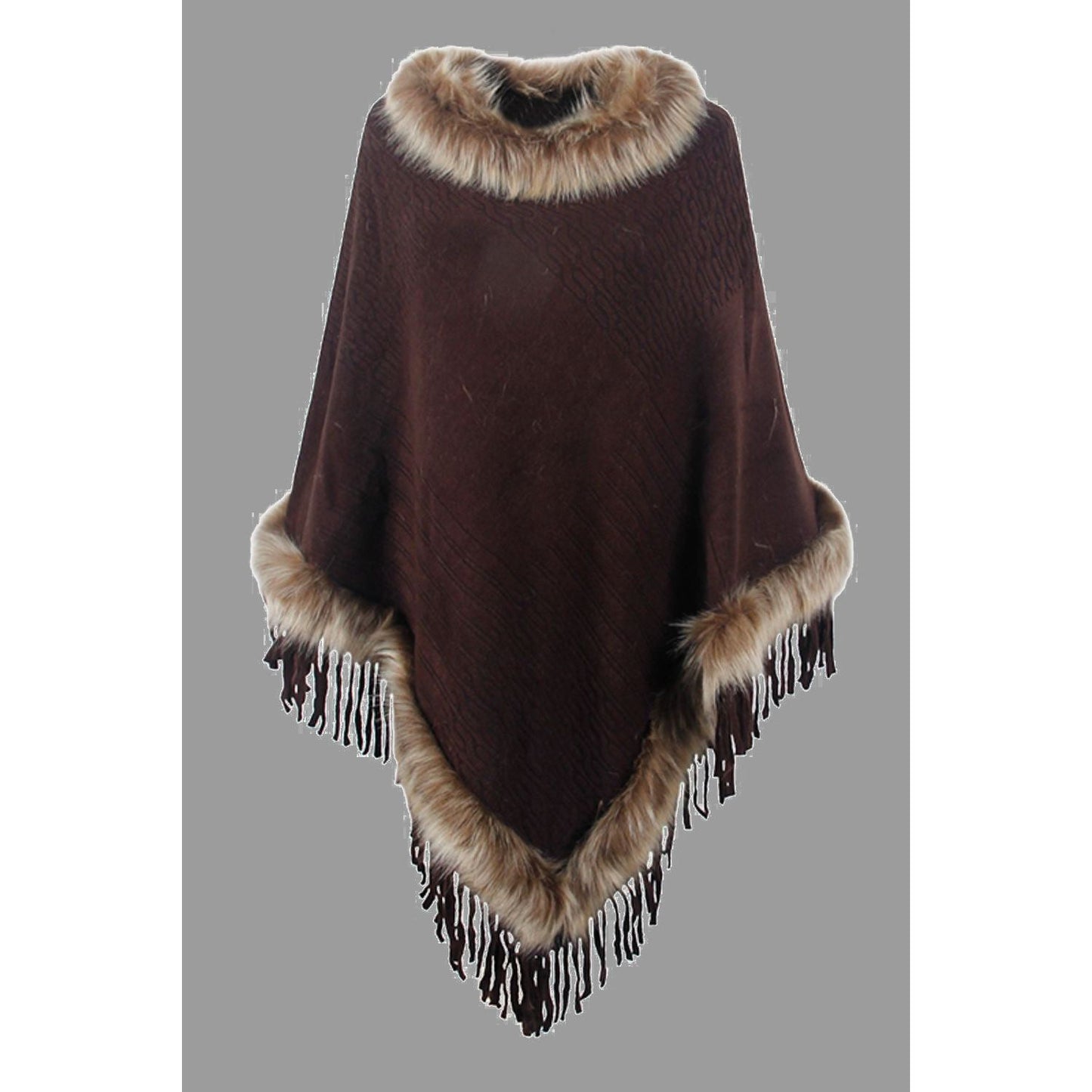 Faux Fur Trim Fringed Poncho