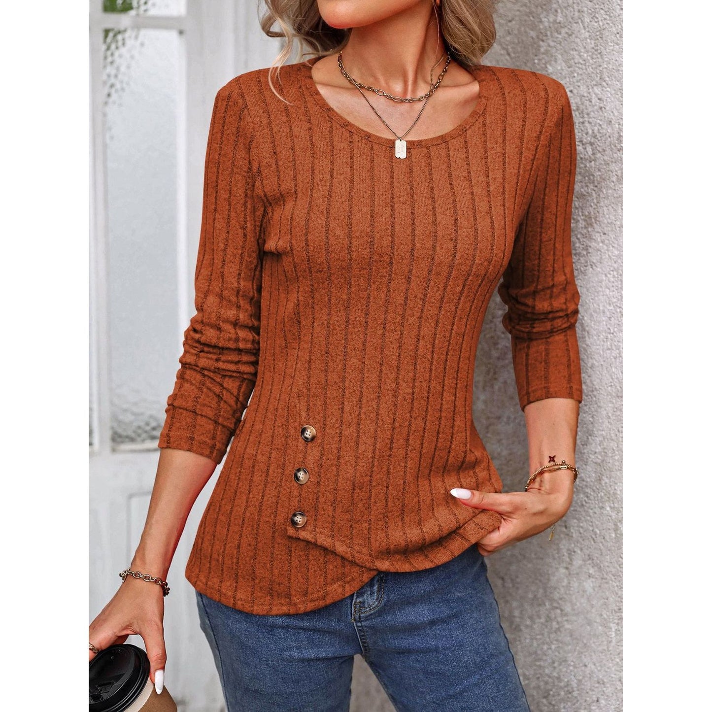 Decorative Button Round Neck Long Sleeve T-Shirt