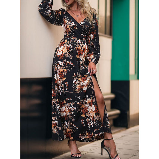 Slit Printed Surplice Long Sleeve Maxi Dress