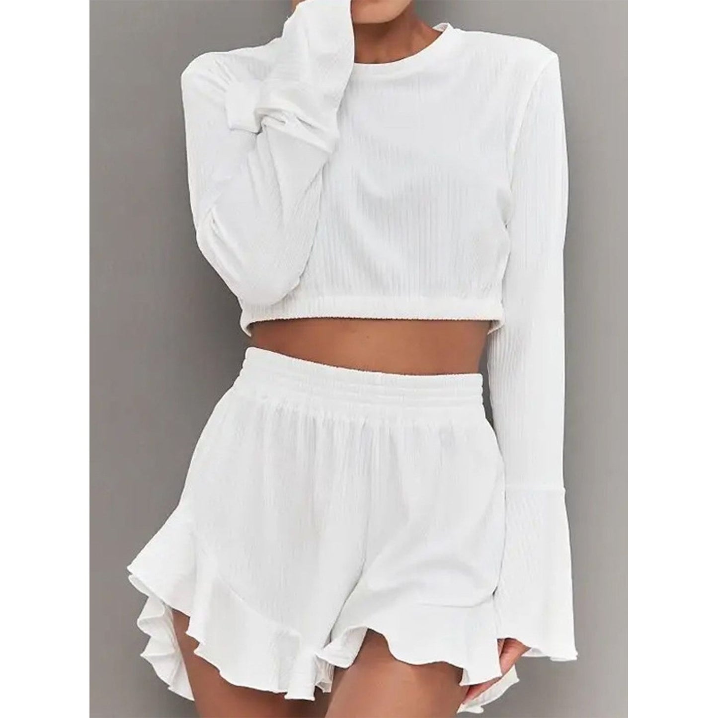 Round Neck Long Sleeve Top and Ruffled Shorts Set