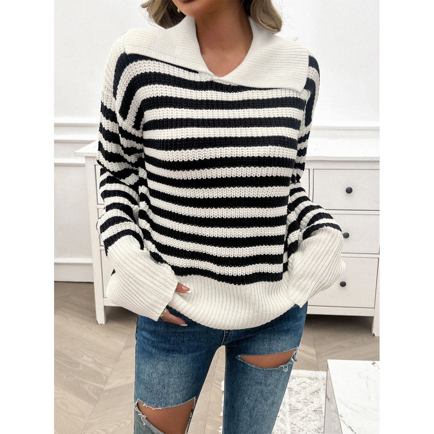 Devine Striped Collared Neck Long Sleeve Sweater