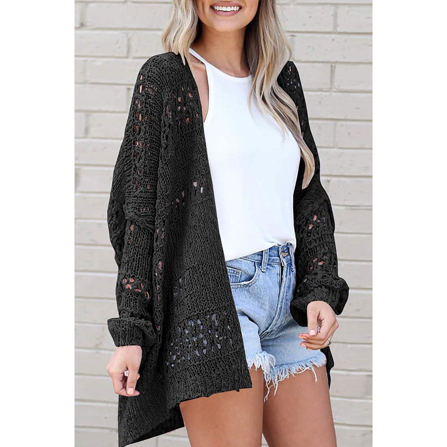 Openwork Open Front Long Sleeve Cardigan