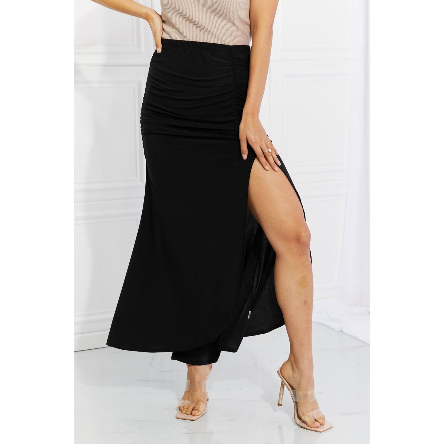 White Birch Full Size Up and Up Ruched Slit Maxi Skirt in Black