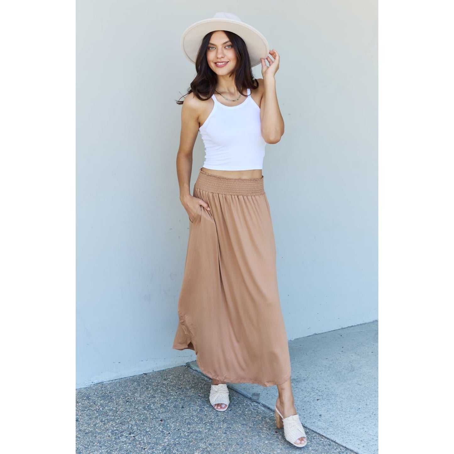 Doublju Comfort Princess Full Size High Waist Scoop Hem Maxi Skirt in Tan