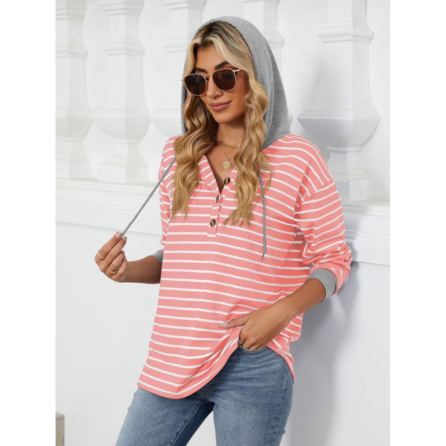 Drawstring Striped Long Sleeve Hoodie