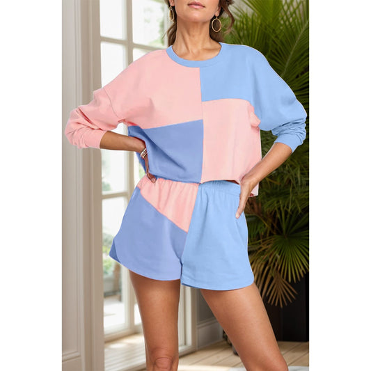 Color Block Round Neck Top and Shorts Set