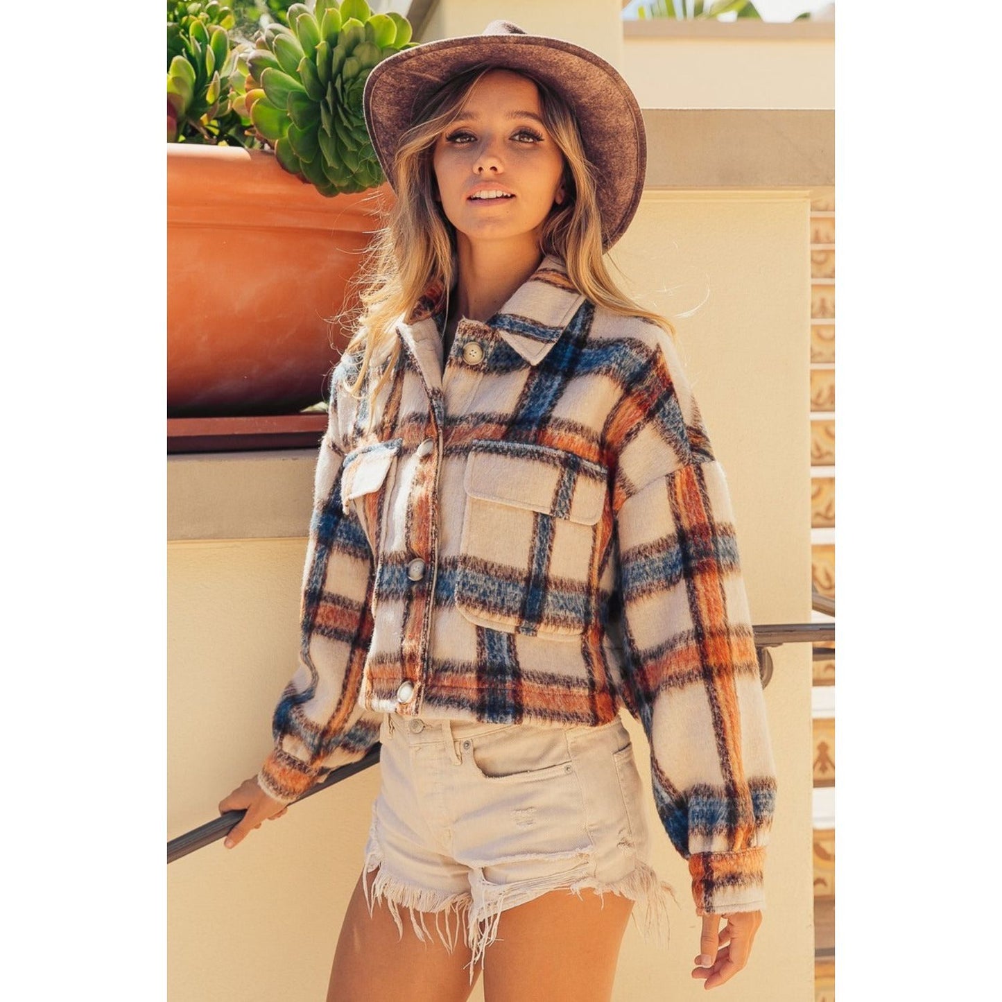 BiBi Brushed Plaid Crop Jacket with Pockets