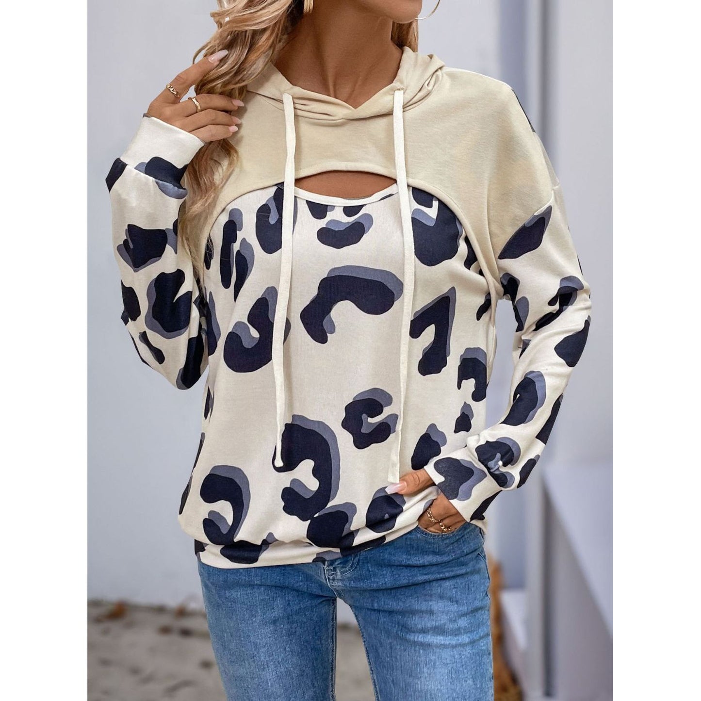 Perfee Drawstring Faux Layered Long Sleeve Hoodie