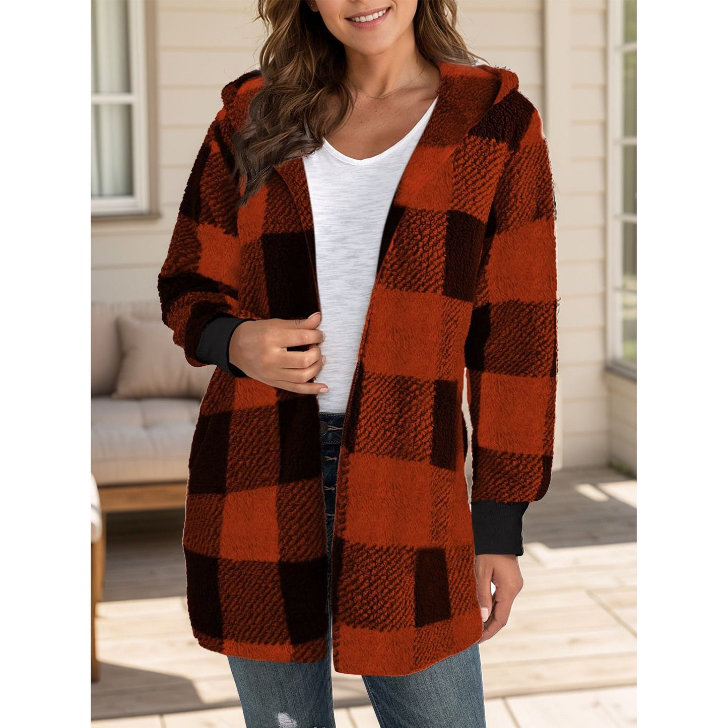 Plaid Long Sleeve Hooded Coat