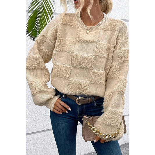 Checkered Round Neck Dropped Shoulder Sweater