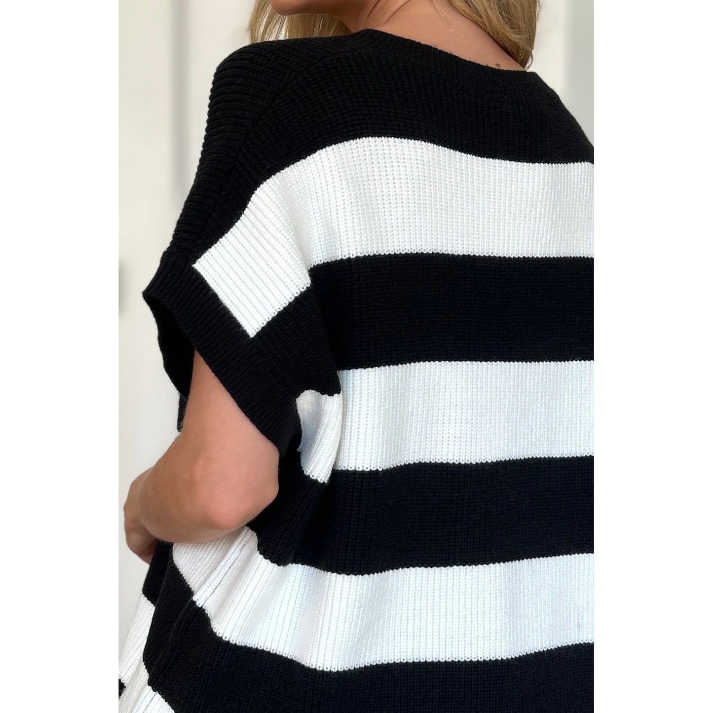 Double Take Full Size Striped V-Neck Short Sleeve Sweater