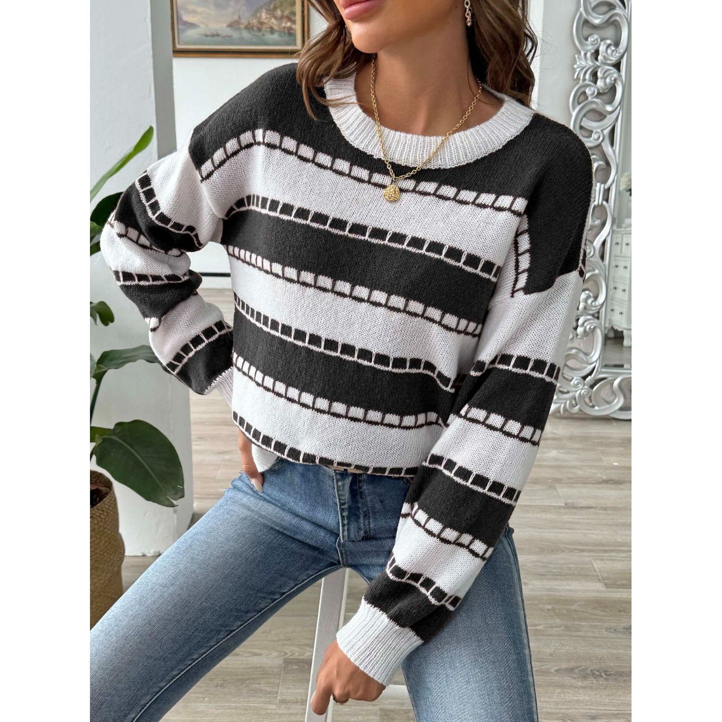 Striped Round Neck Long Sleeve Sweater