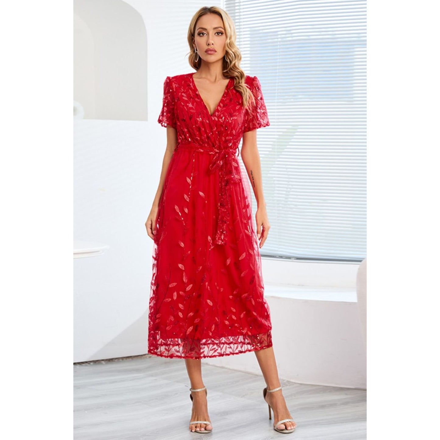 Sequin Leaf Embroidery Tie Front Short Sleeve Dress