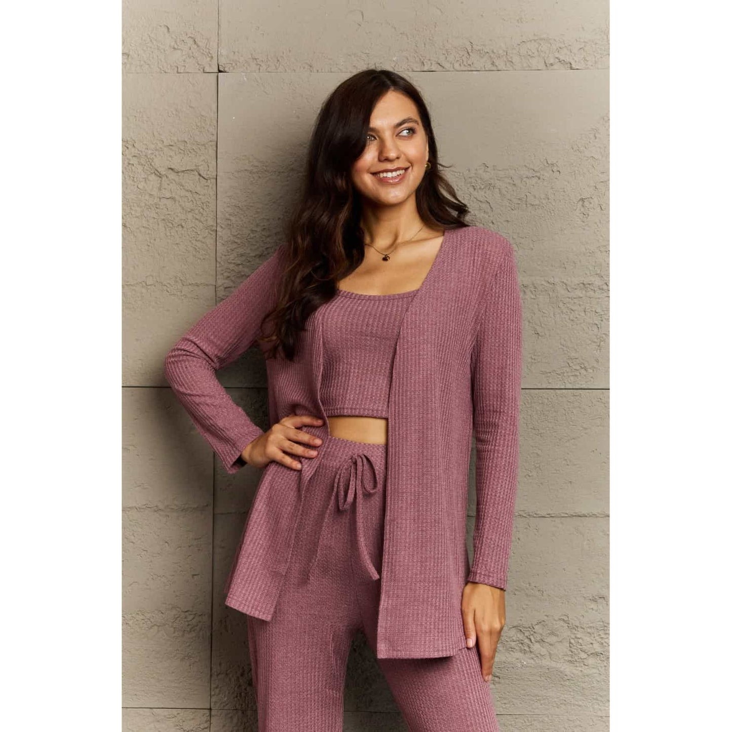 Ninexis Full Size Cropped Top, Long Pants and Cardigan Lounge Set