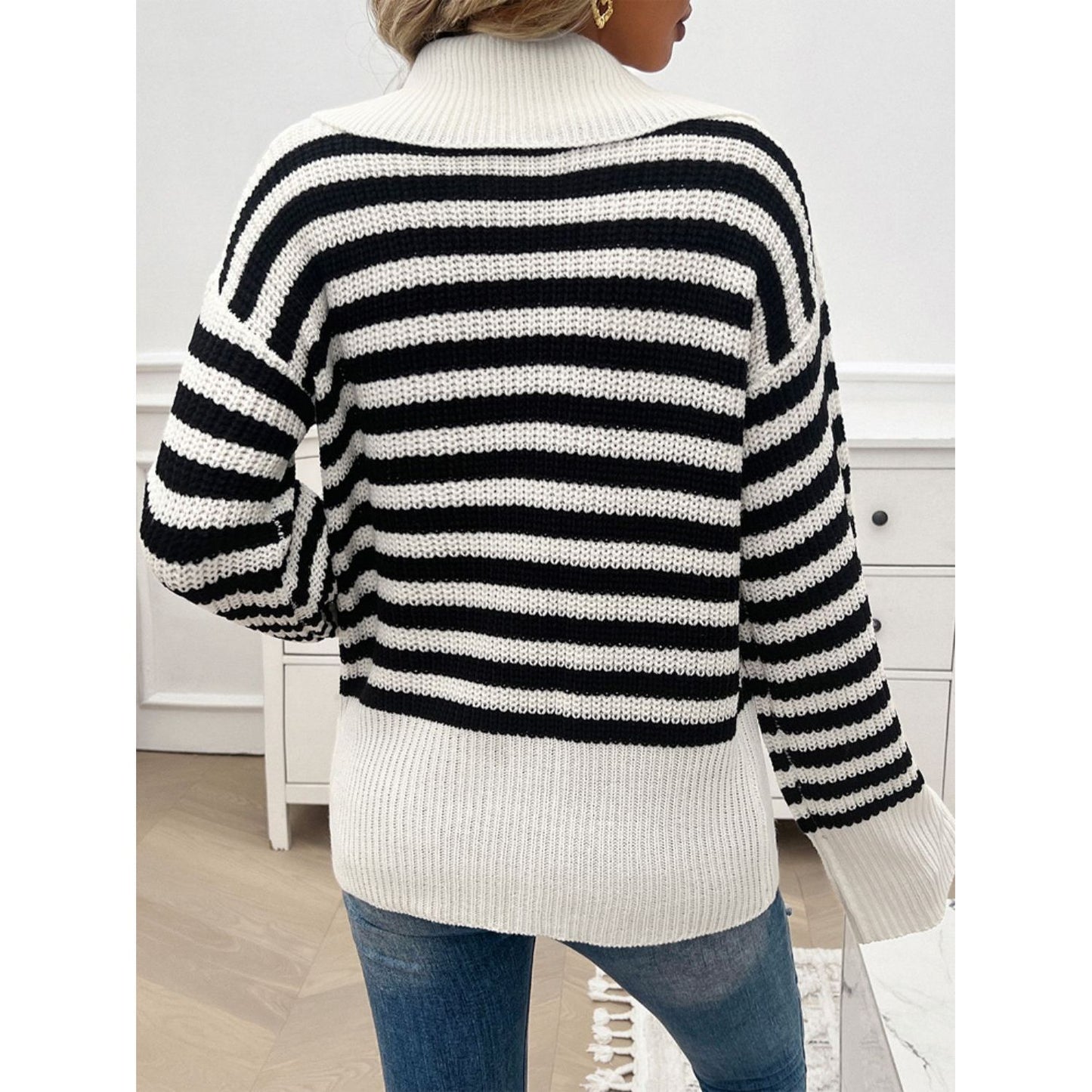 Devine Striped Collared Neck Long Sleeve Sweater