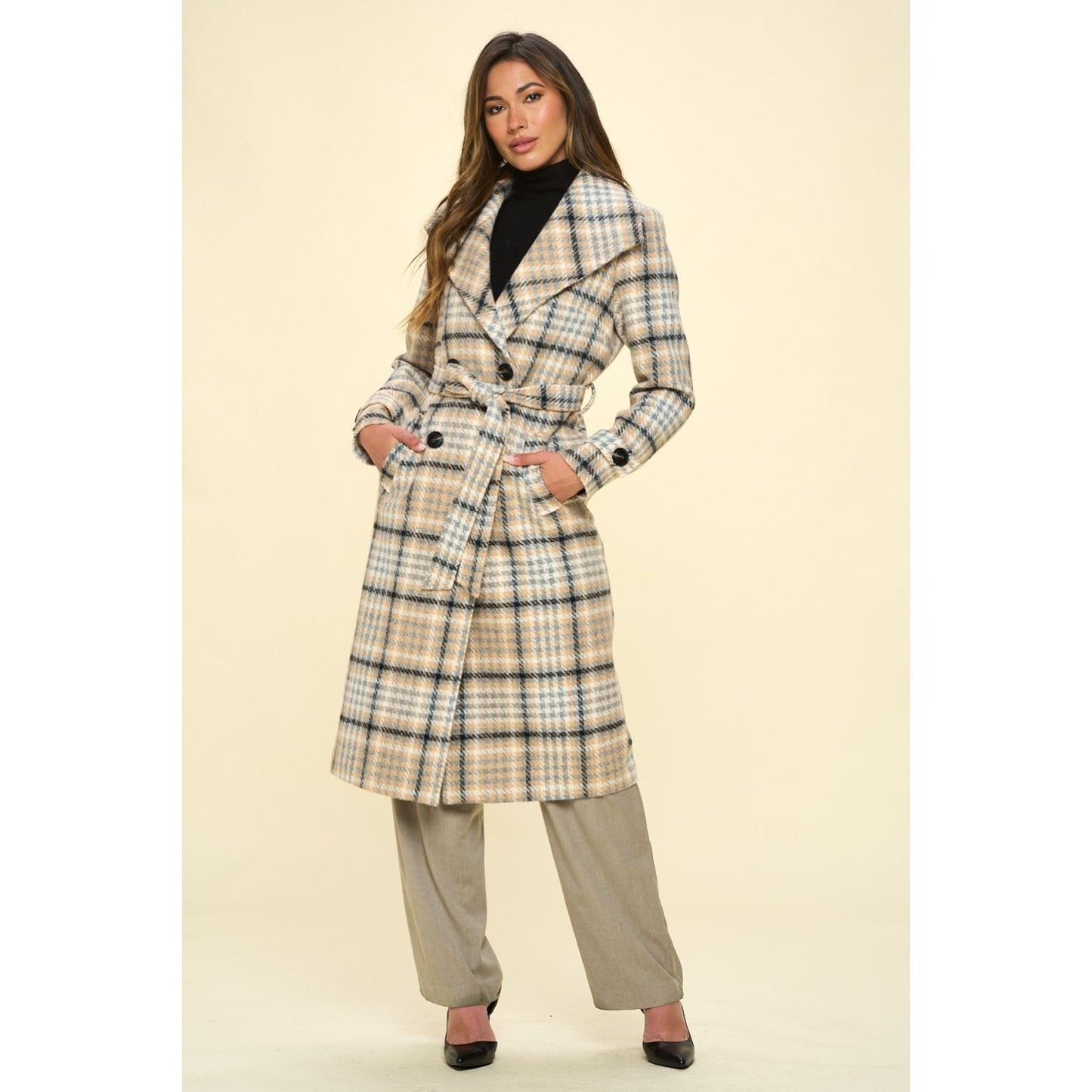 Coalition LA Double-Breasted Plaid Coat with Belt