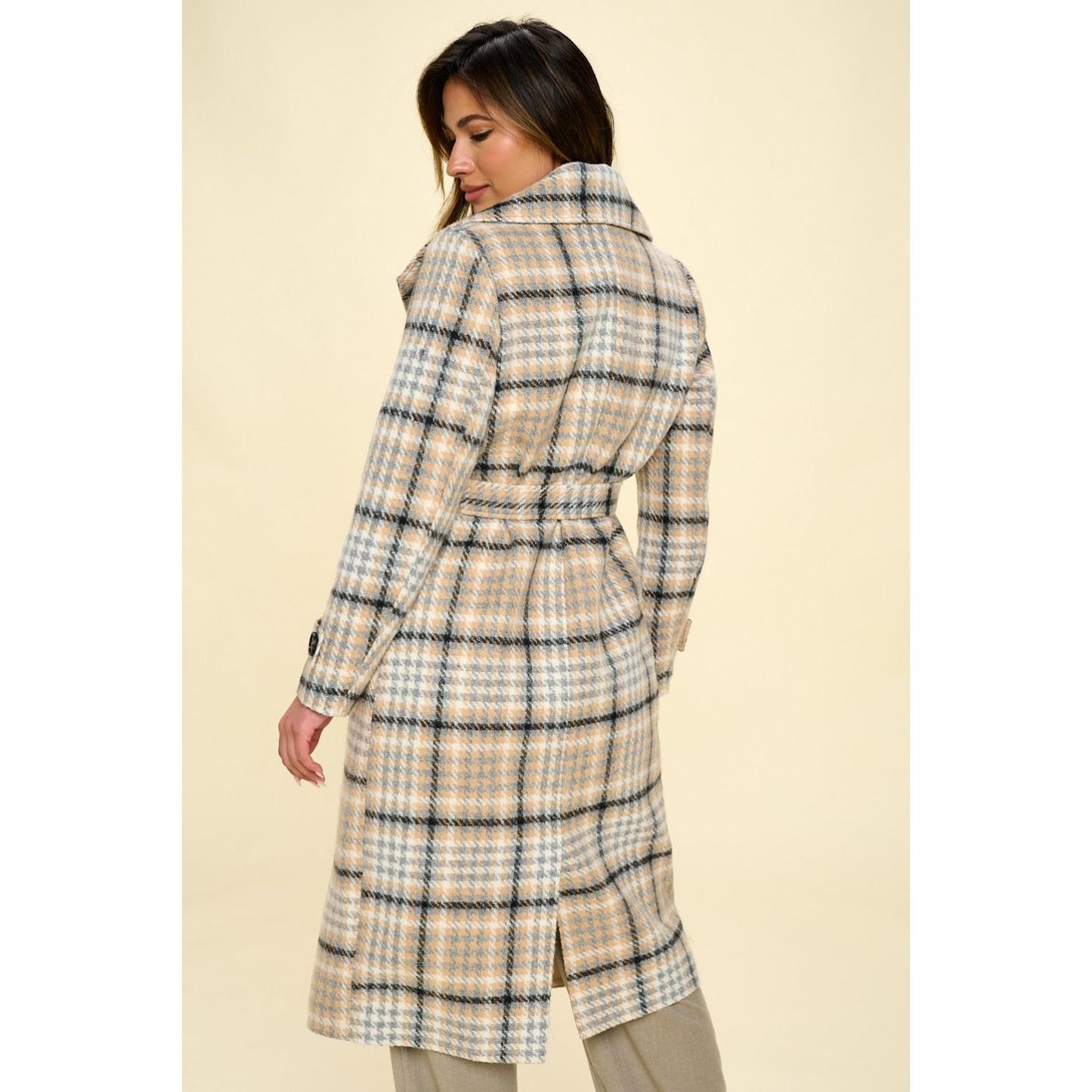 Coalition LA Double-Breasted Plaid Coat with Belt