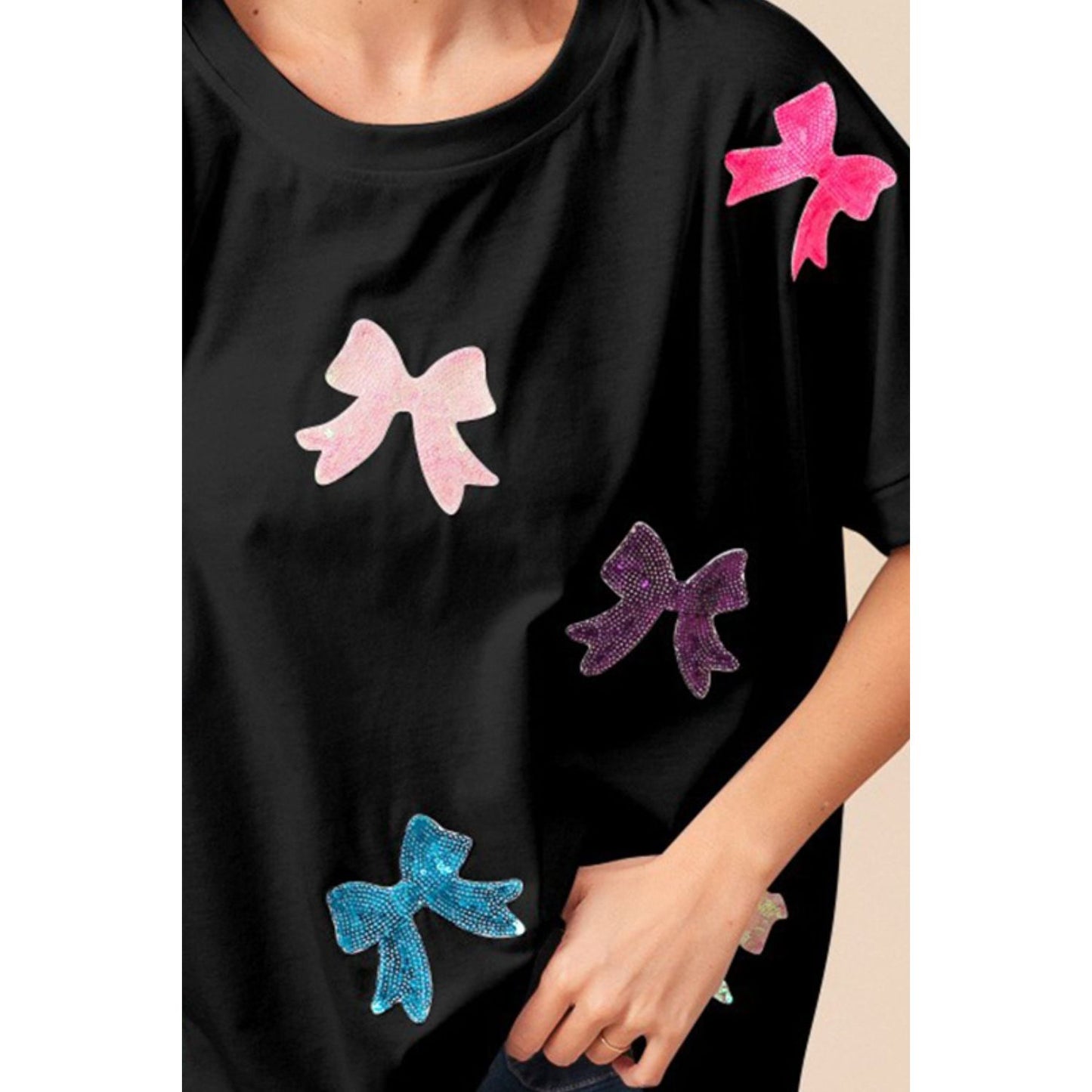 BiBi Sequin Bow Patch Short Sleeve T-Shirt