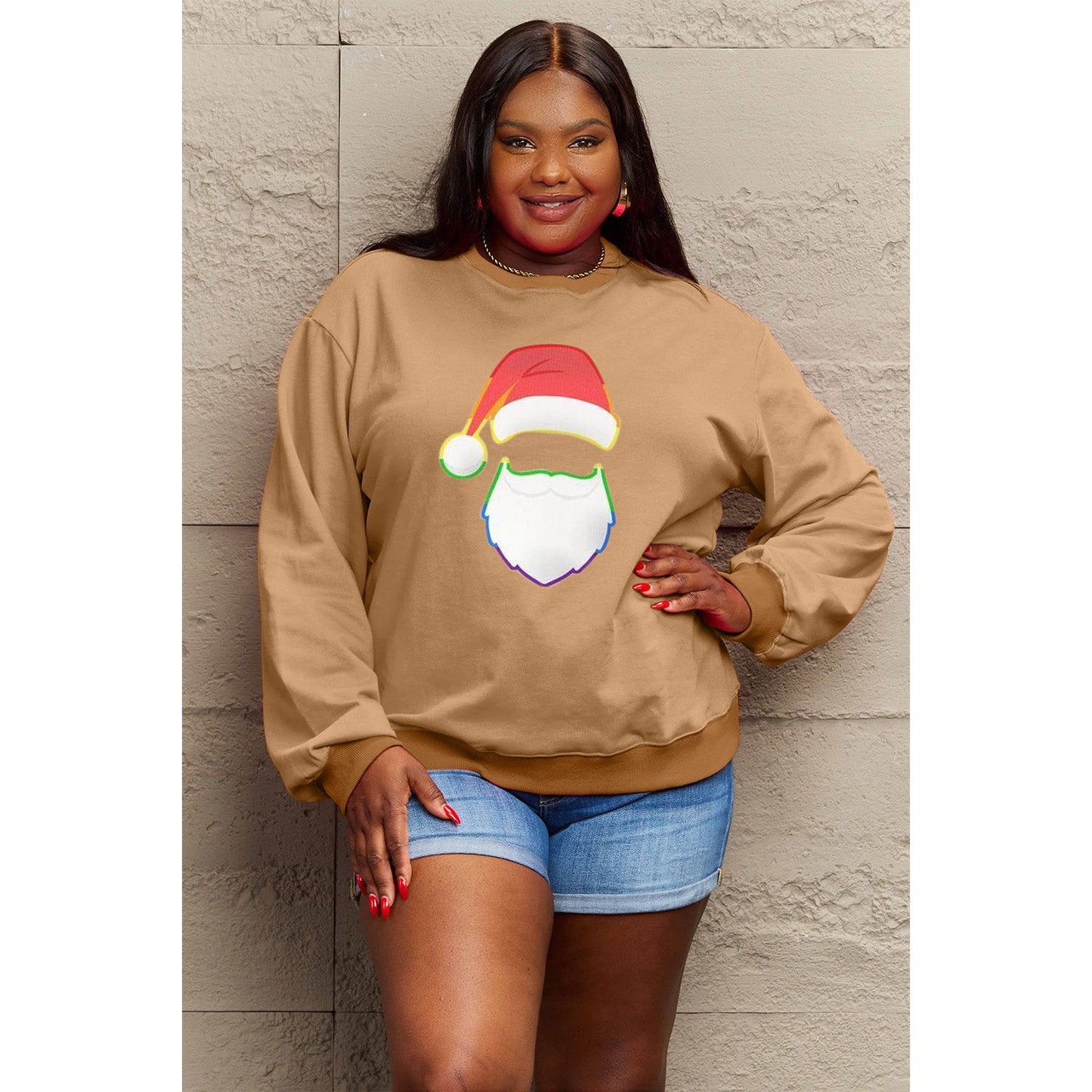 Simply Love Full Size Rainbow Santa Graphic Round Neck Sweatshirt