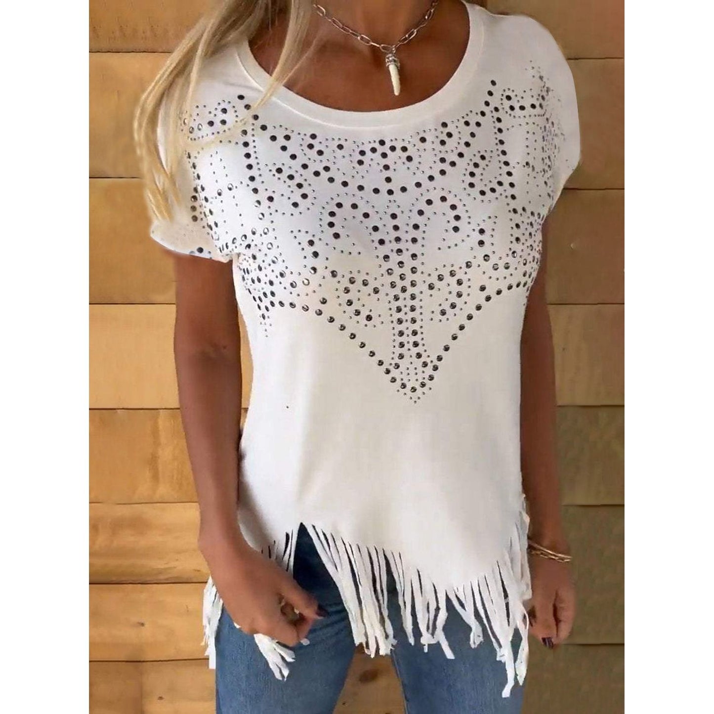 Studded Fringe Round Neck Cap Sleeve T-Shirt