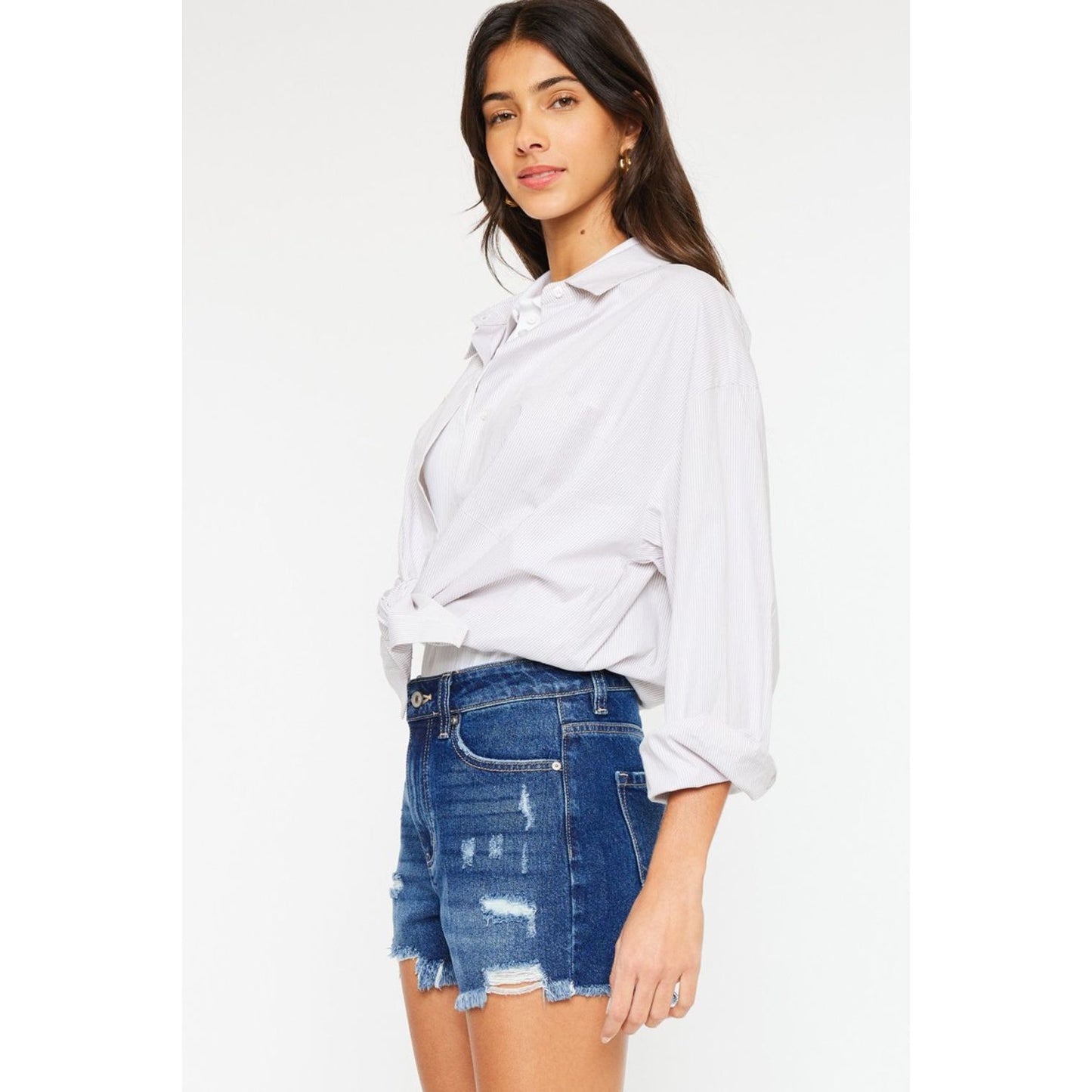 Kancan High Rise Frayed Hem Denim Shorts