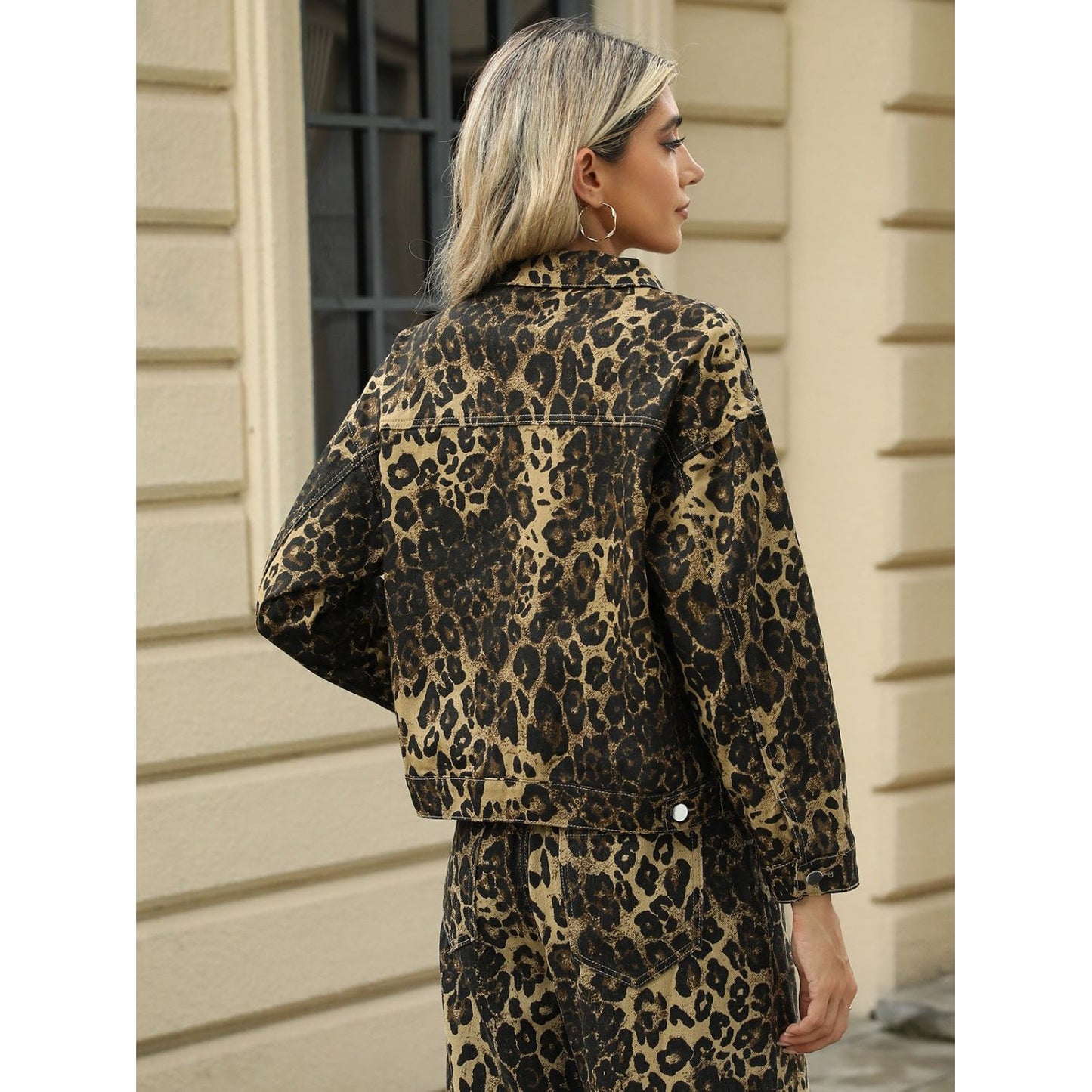 Pocketed Leopard Long Sleeve Denim Jacket