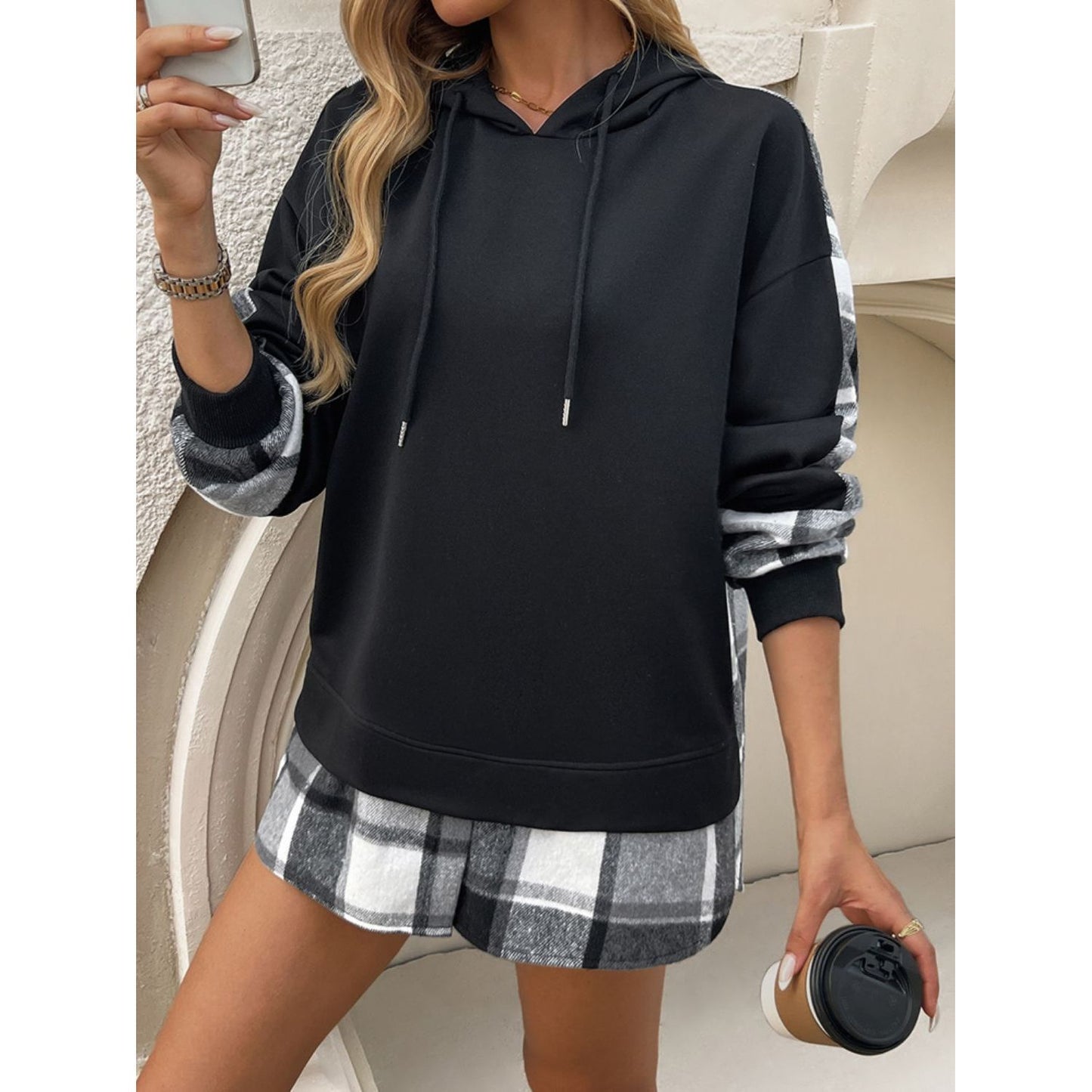 Devine Drawstring Plaid Long Sleeve Hoodie