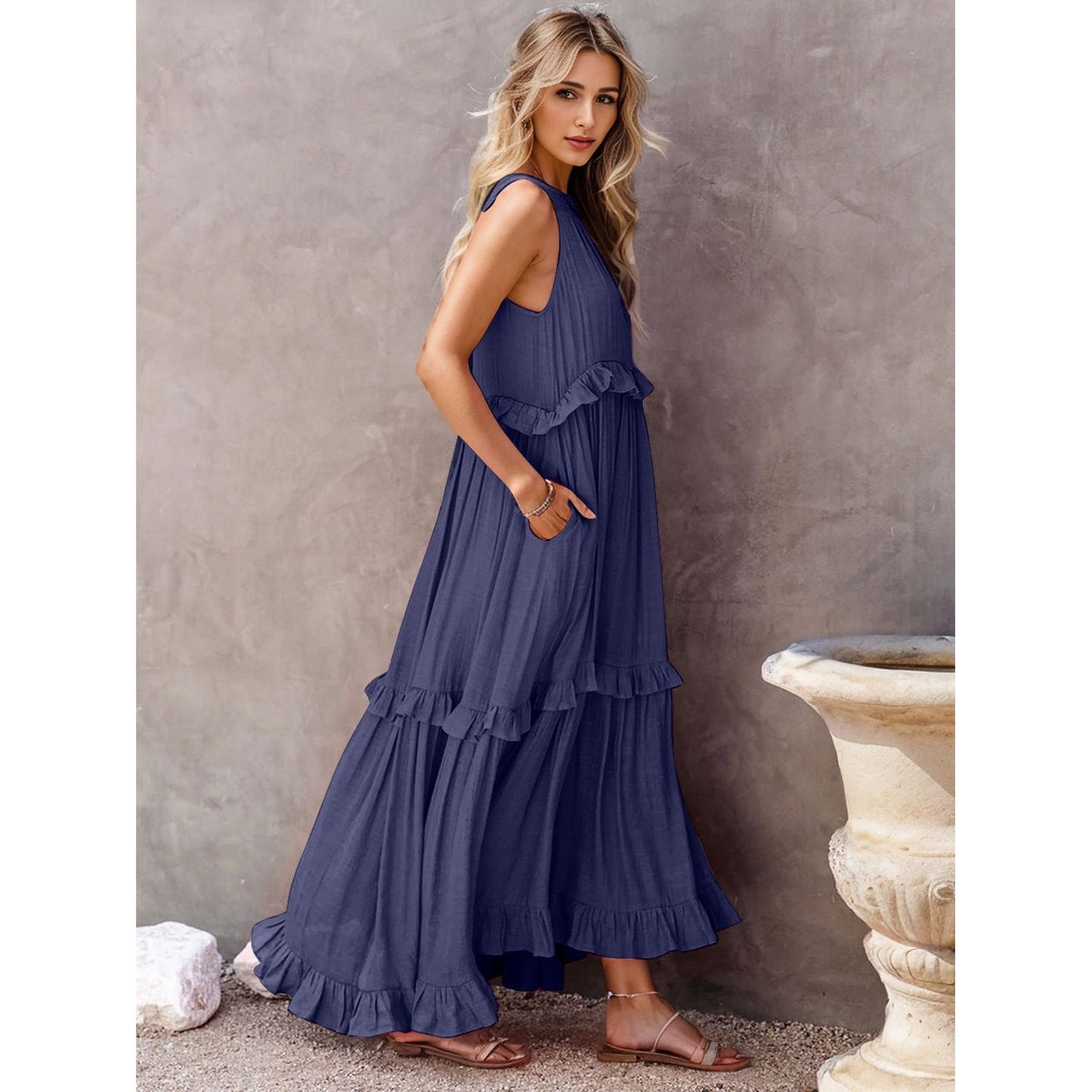 Ruffled Sleeveless Tiered Maxi Dress with Pockets