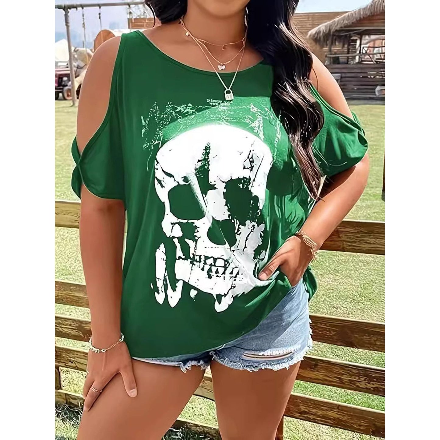 Plus Size Skeleton Graphic Round Neck Cold Shoulder T-Shirt