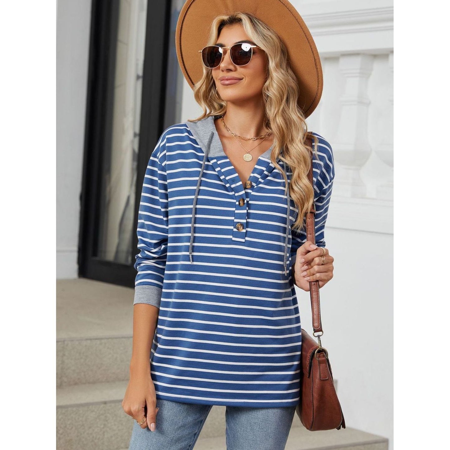 Drawstring Striped Long Sleeve Hoodie